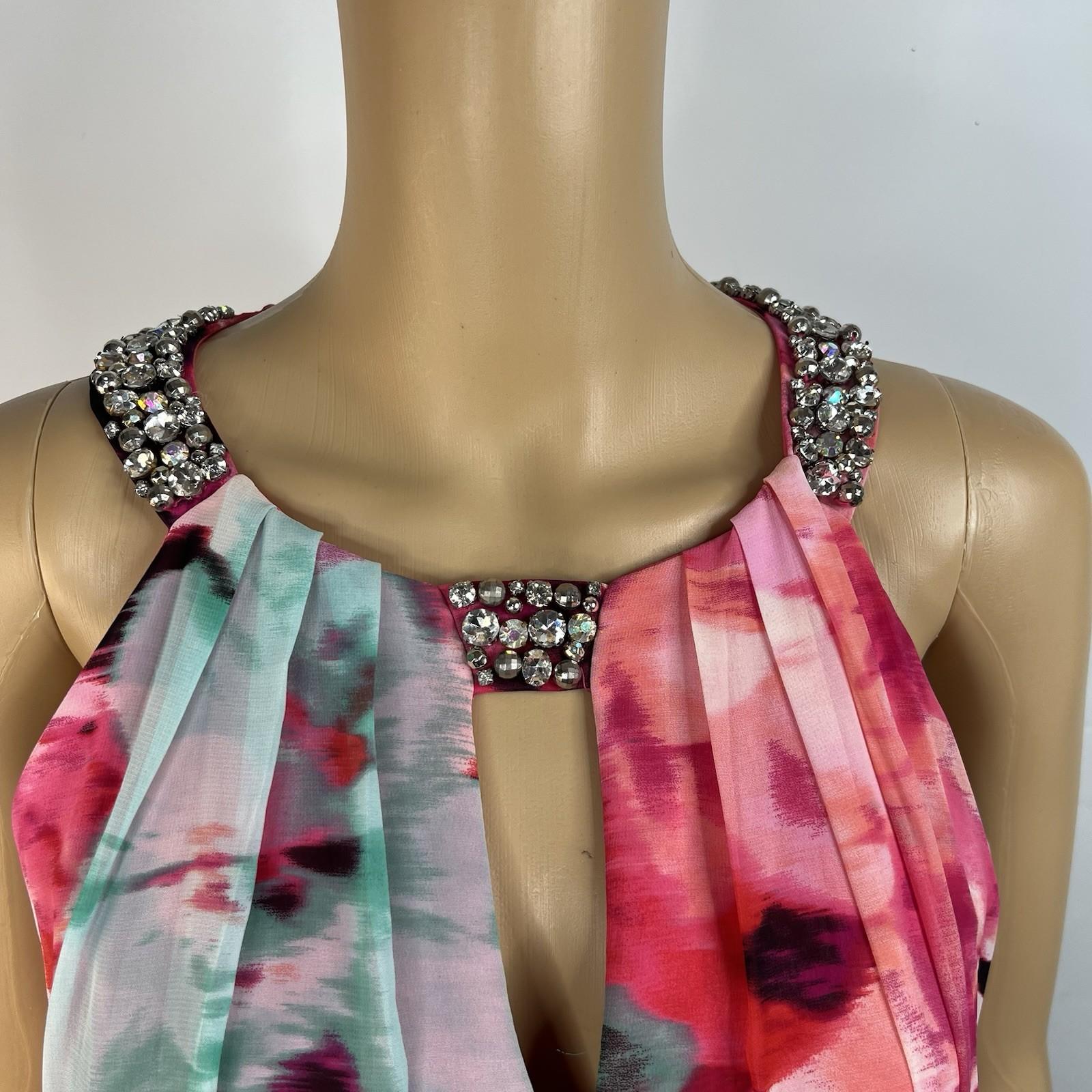Eliza J Maxi Dress 10 Beaded Floral Print Halter Neck Ruffle Flowy Sleeveless