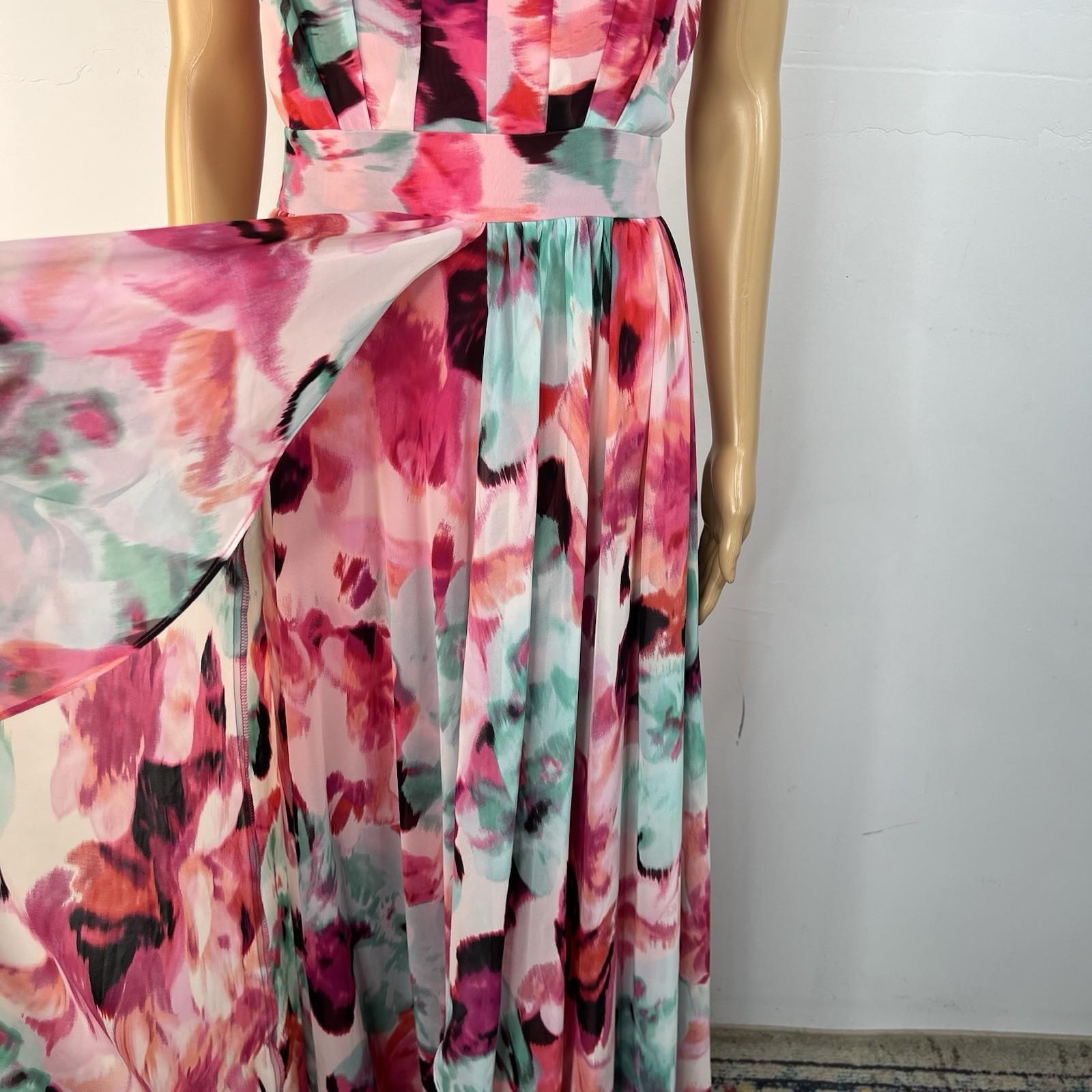 Eliza J Maxi Dress 10 Beaded Floral Print Halter Neck Ruffle Flowy Sleeveless