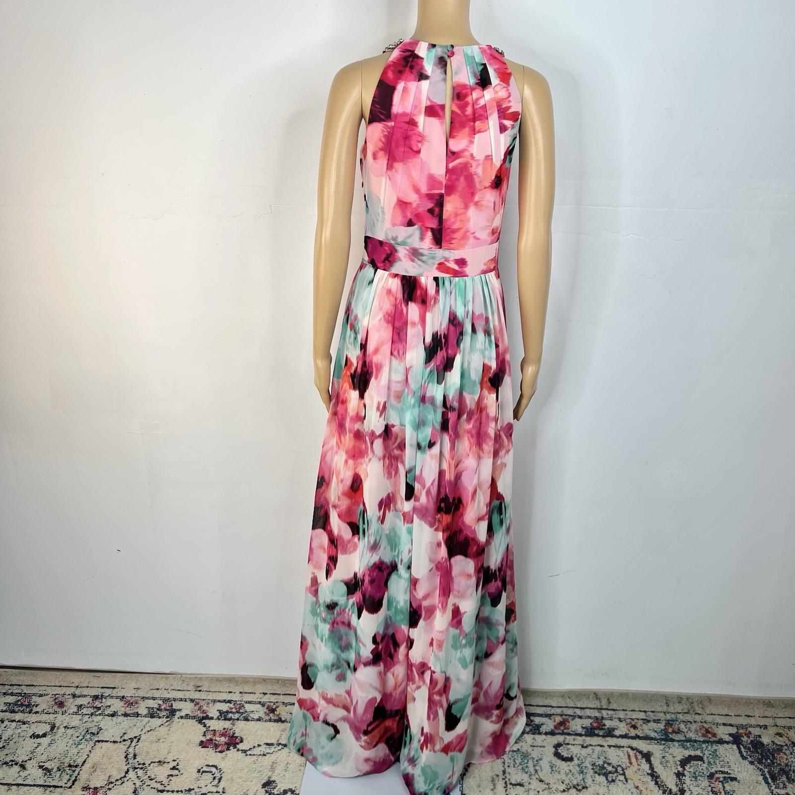 Eliza J Maxi Dress 10 Beaded Floral Print Halter Neck Ruffle Flowy Sleeveless