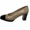 Salvatore Ferragamo Leather Pumps Shoes Size 8.5B Tan Black Cap Toe Block Heel