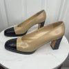 Salvatore Ferragamo Leather Pumps Shoes Size 8.5B Tan Black Cap Toe Block Heel