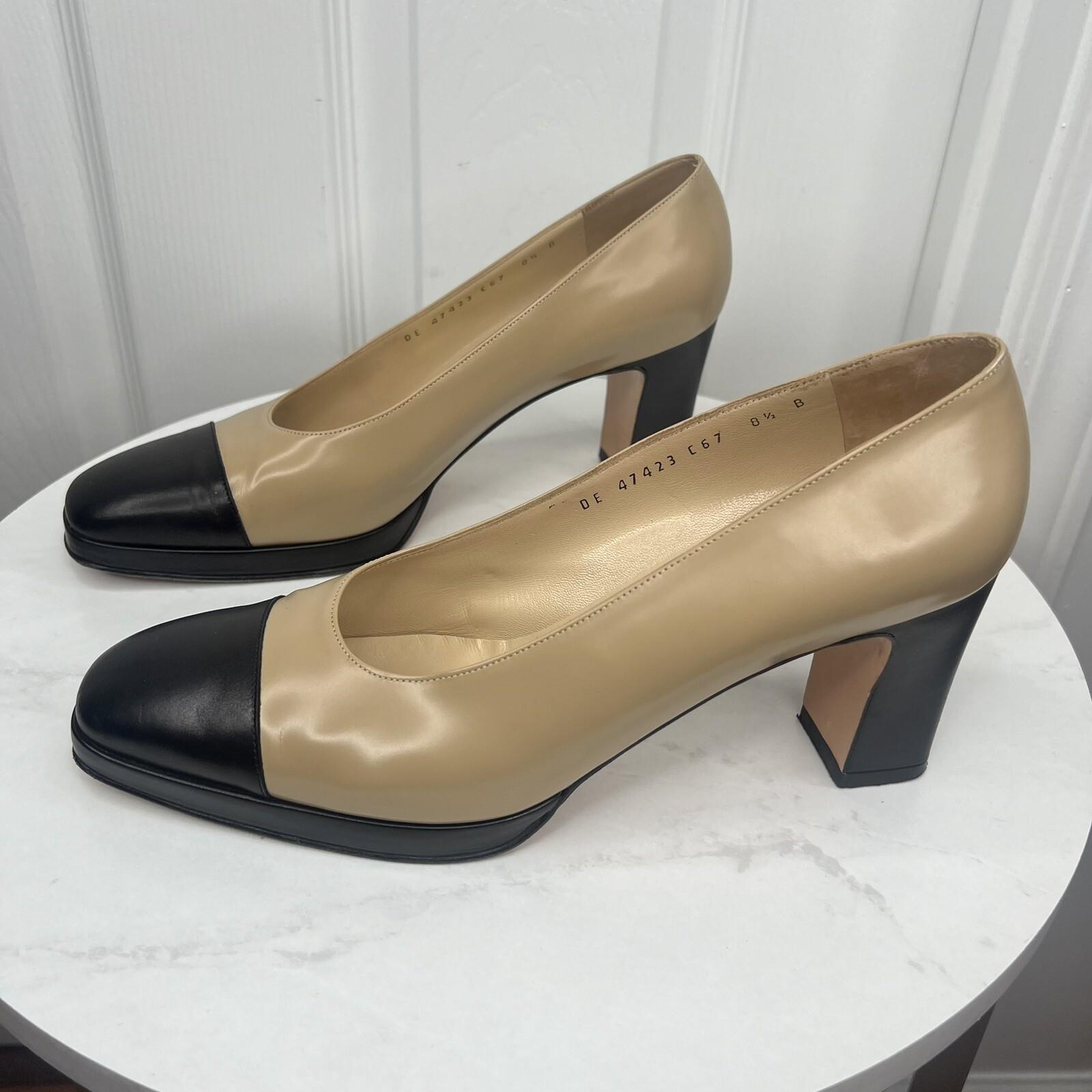 Salvatore Ferragamo Leather Pumps Shoes Size 8.5B Tan Black Cap Toe Block Heel