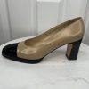 Salvatore Ferragamo Leather Pumps Shoes Size 8.5B Tan Black Cap Toe Block Heel