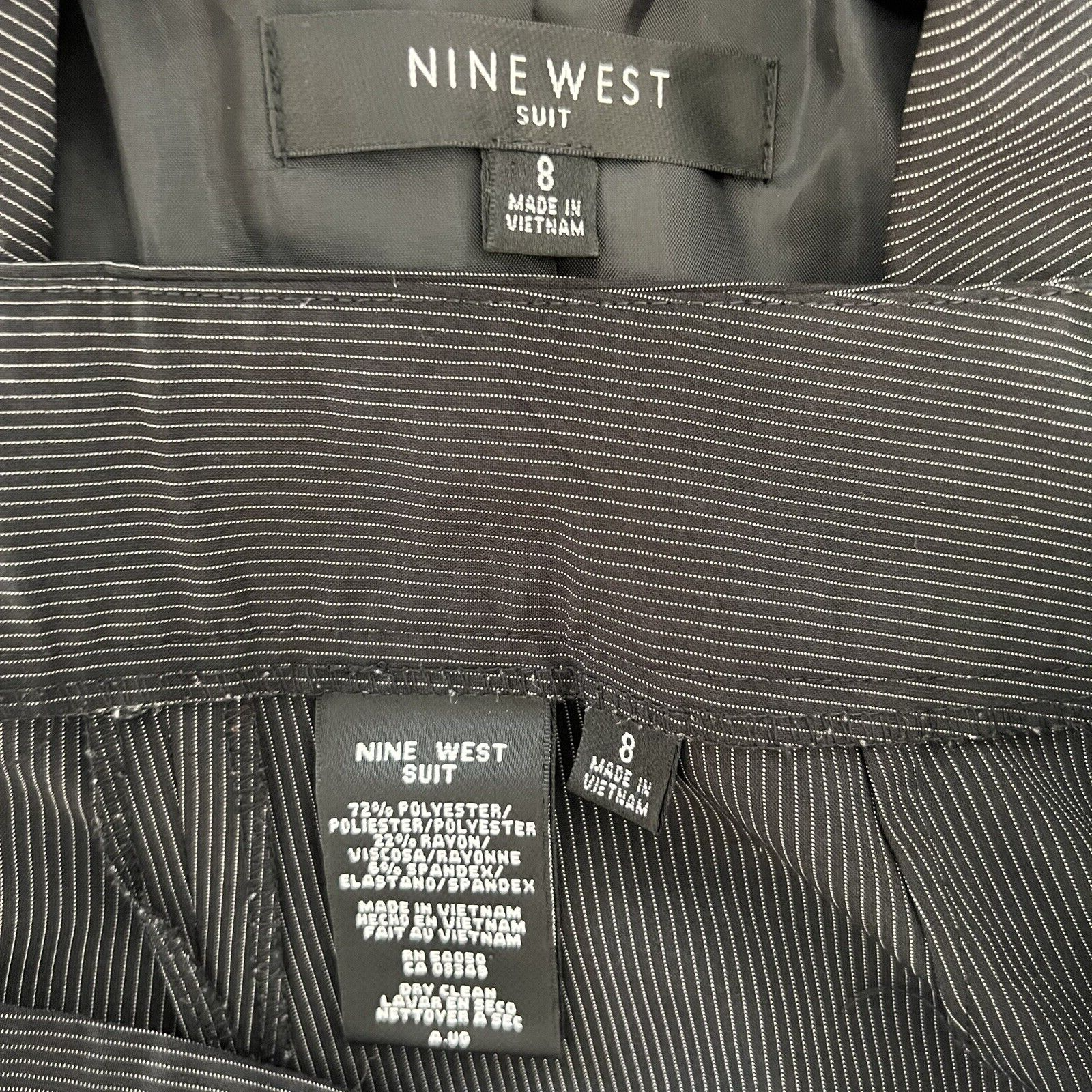 NINE WEST 2PC Black Striped Polyester Blend Ruffle Stretch Pant Suit Size 8