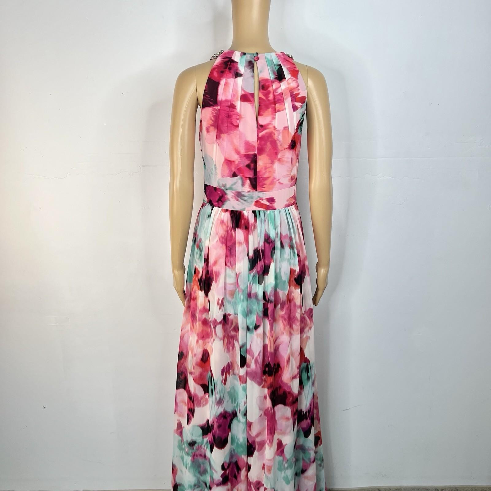 Eliza J Maxi Dress 10 Beaded Floral Print Halter Neck Ruffle Flowy Sleeveless