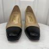 Salvatore Ferragamo Leather Pumps Shoes Size 8.5B Tan Black Cap Toe Block Heel