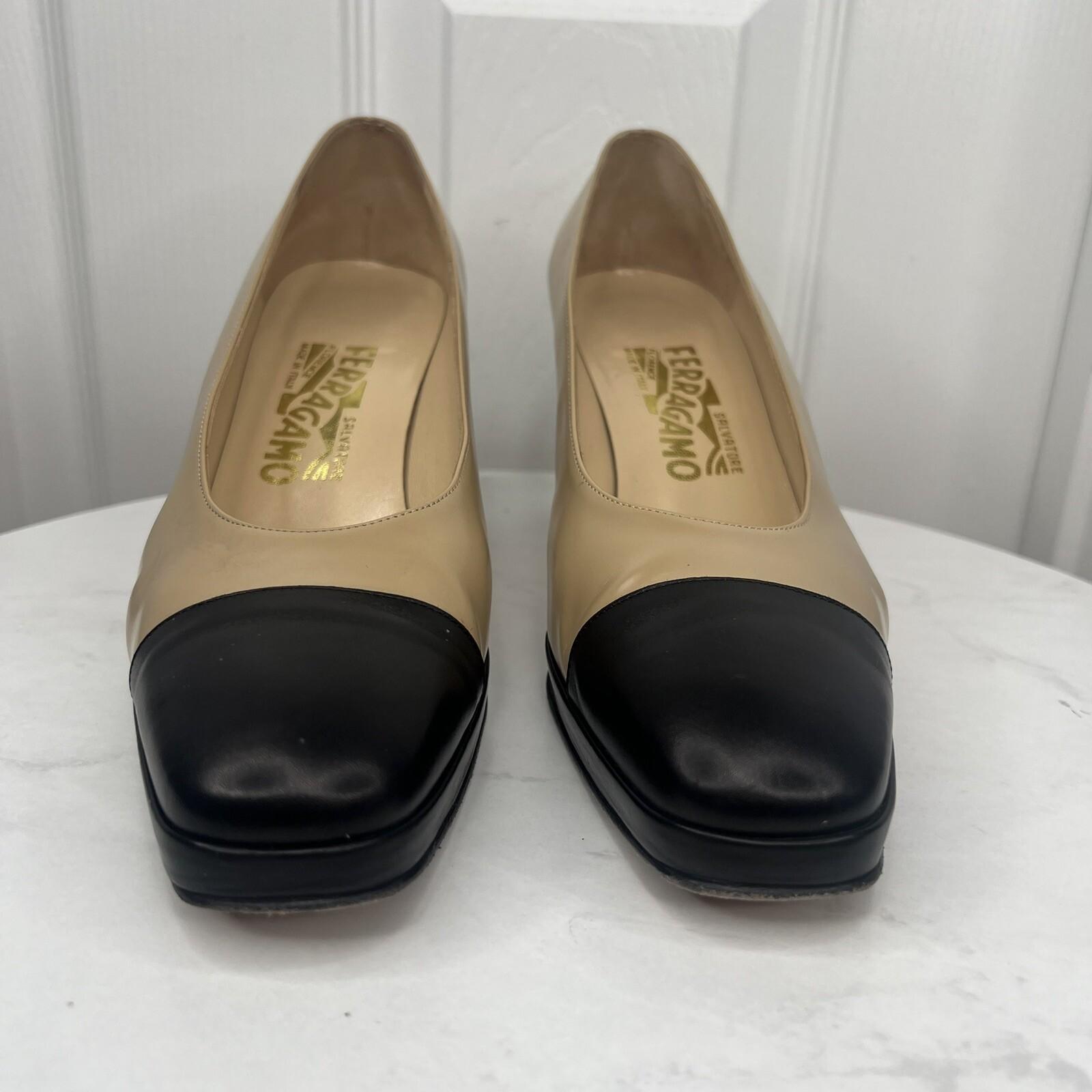 Salvatore Ferragamo Leather Pumps Shoes Size 8.5B Tan Black Cap Toe Block Heel