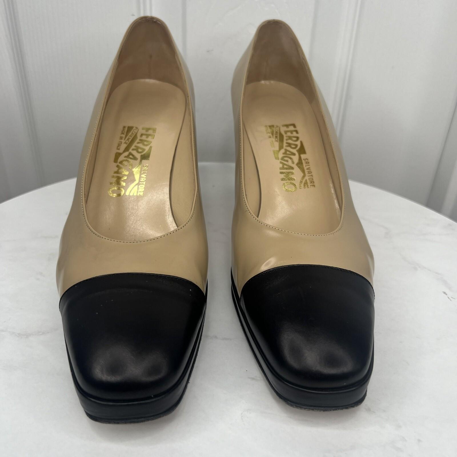 Salvatore Ferragamo Leather Pumps Shoes Size 8.5B Tan Black Cap Toe Block Heel