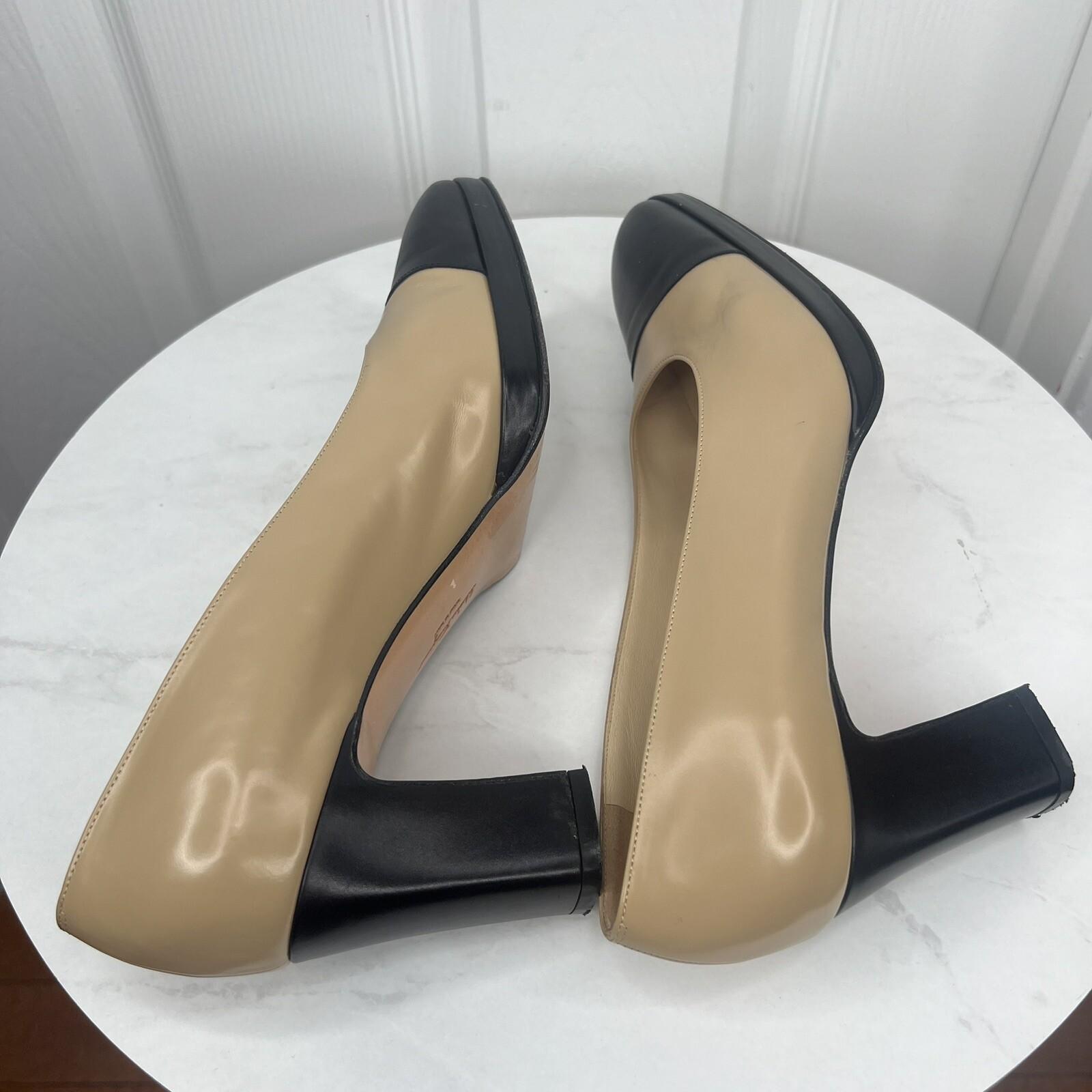 Salvatore Ferragamo Leather Pumps Shoes Size 8.5B Tan Black Cap Toe Block Heel