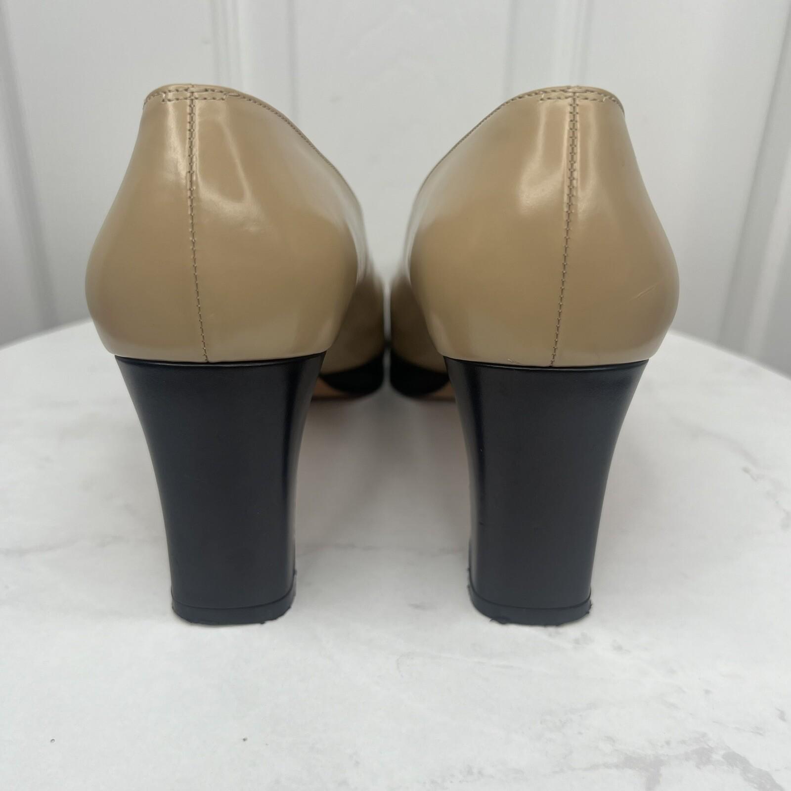 Salvatore Ferragamo Leather Pumps Shoes Size 8.5B Tan Black Cap Toe Block Heel