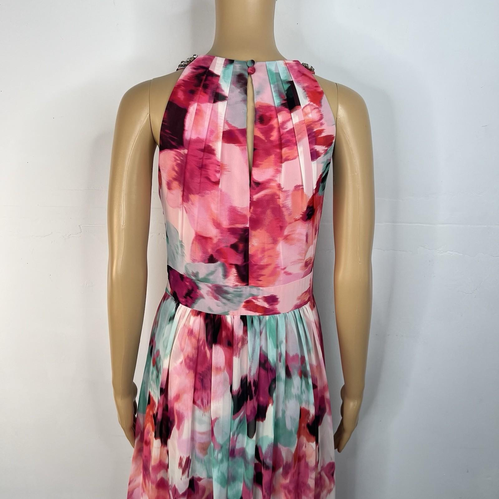 Eliza J Maxi Dress 10 Beaded Floral Print Halter Neck Ruffle Flowy Sleeveless
