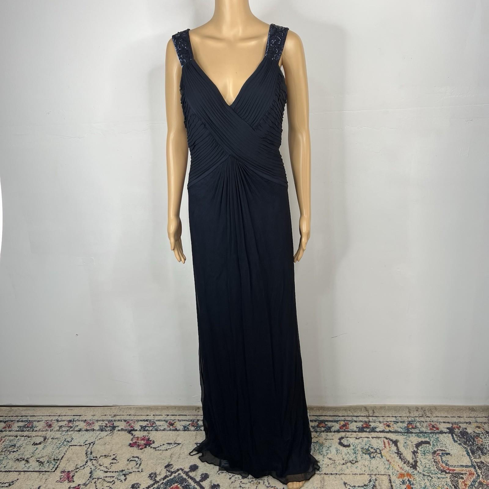 10-294.jpg Tadashi Shoji Silk Maxi Dress Gown Size 10 Sequin Pleated V Neck Navy Blue Flowy
