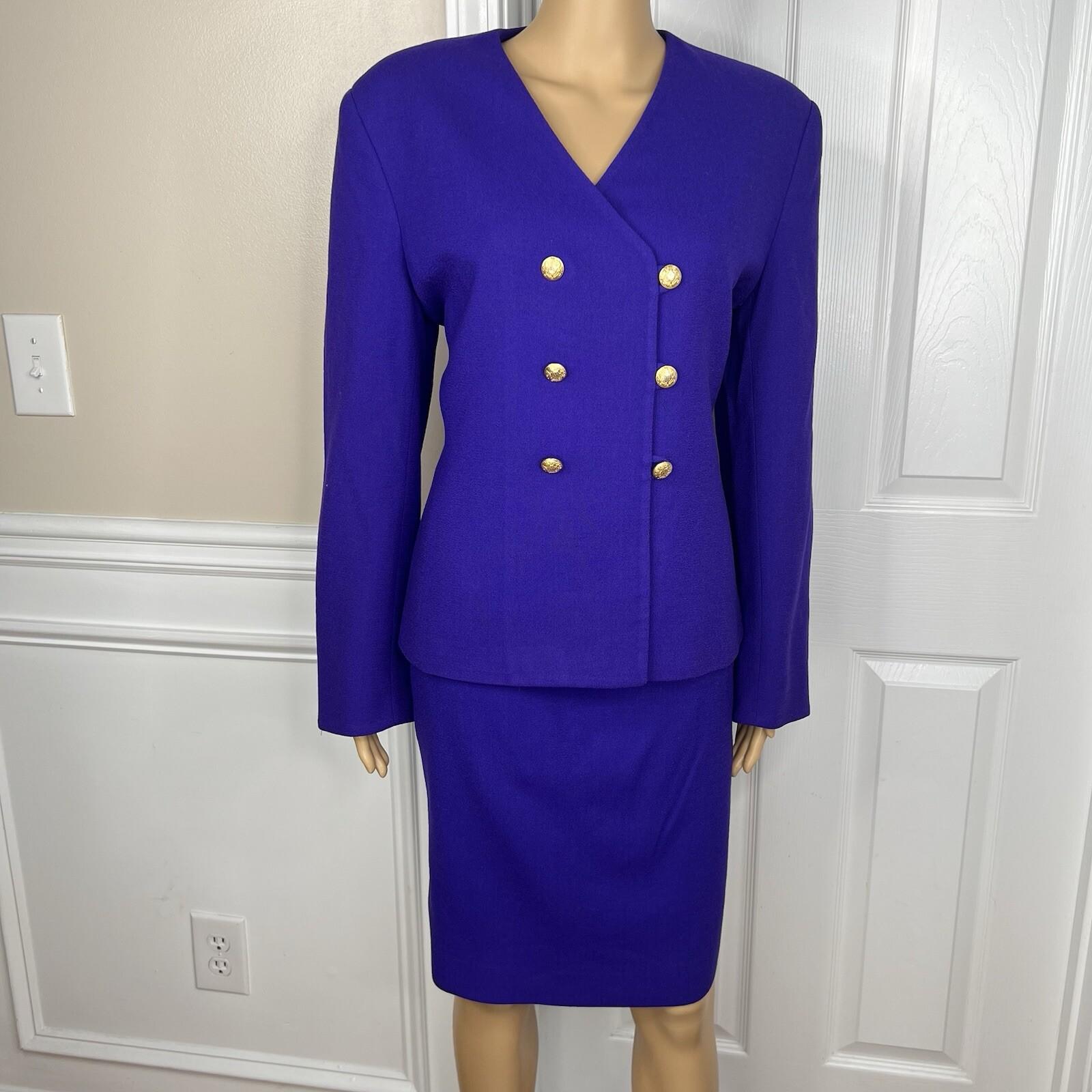 Jones New York Vintage Wool Skirt Suit Size 10 Purple Double Breasted Collarless
