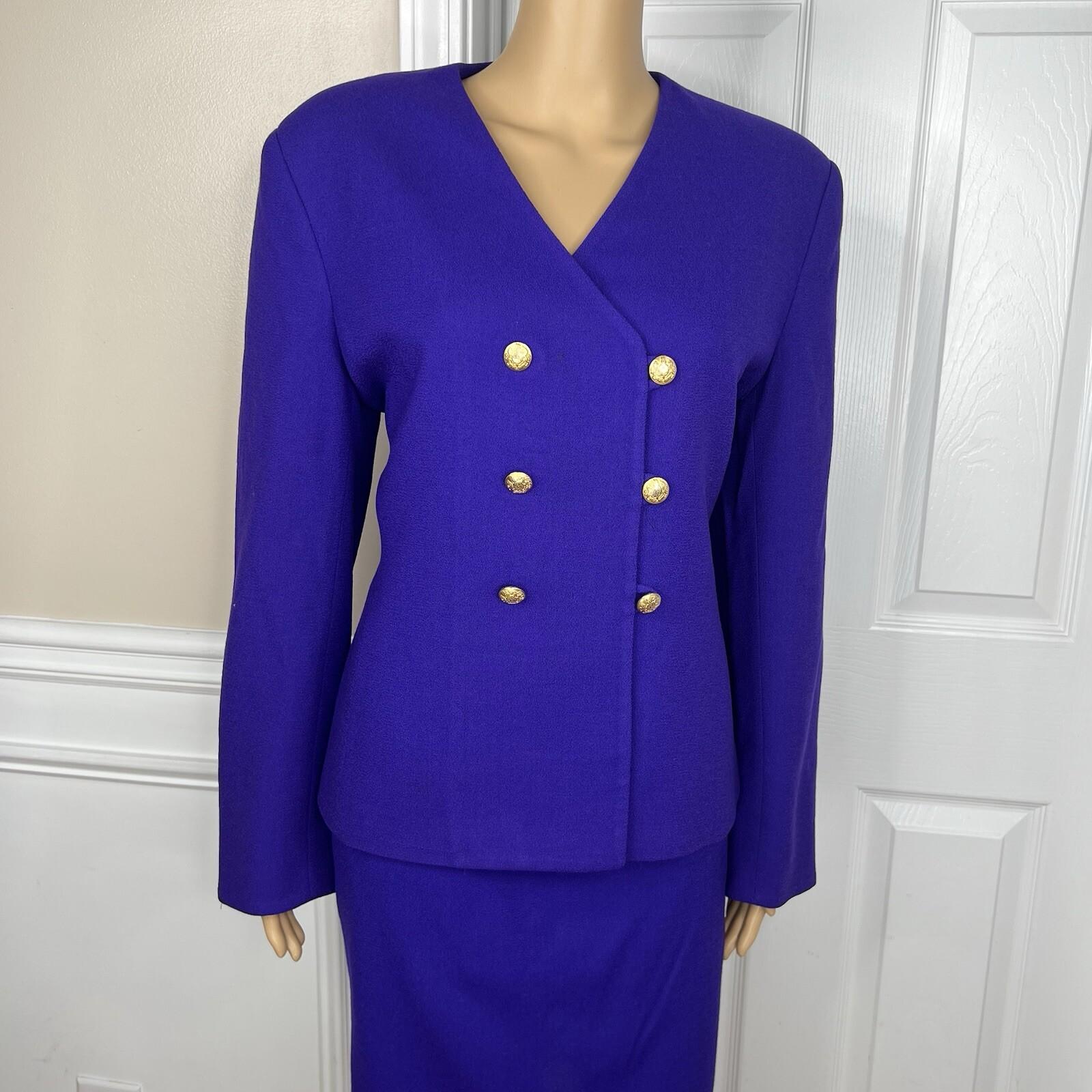 Jones New York Vintage Wool Skirt Suit Size 10 Purple Double Breasted Collarless