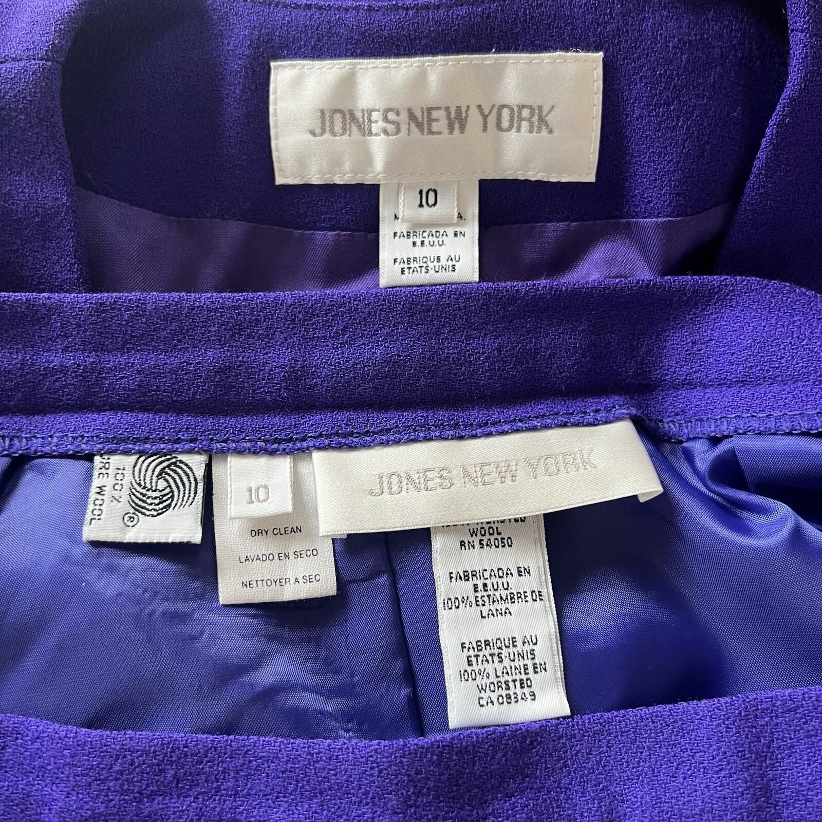 Jones New York Vintage Wool Skirt Suit Size 10 Purple Double Breasted Collarless