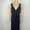 10-295.jpg Tadashi Shoji Silk Maxi Dress Gown Size 10 Sequin Pleated V Neck Navy Blue Flowy