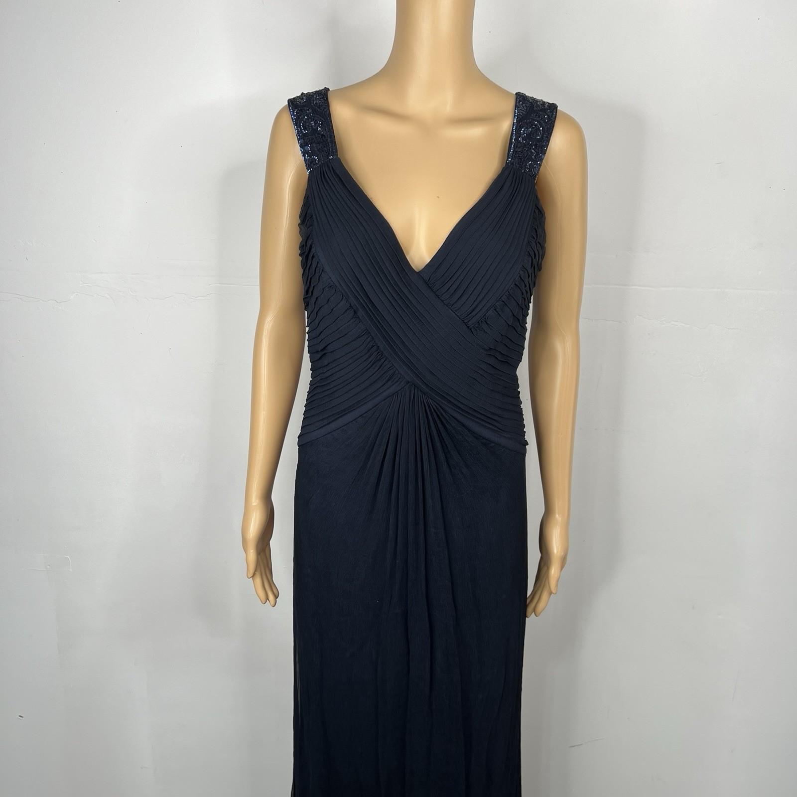 10-295.jpg Tadashi Shoji Silk Maxi Dress Gown Size 10 Sequin Pleated V Neck Navy Blue Flowy