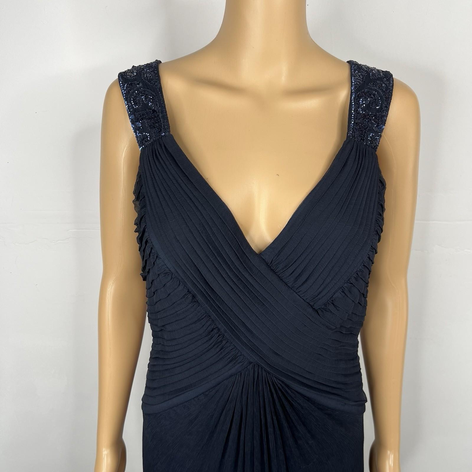 10-297.jpg Tadashi Shoji Silk Maxi Dress Gown Size 10 Sequin Pleated V Neck Navy Blue Flowy