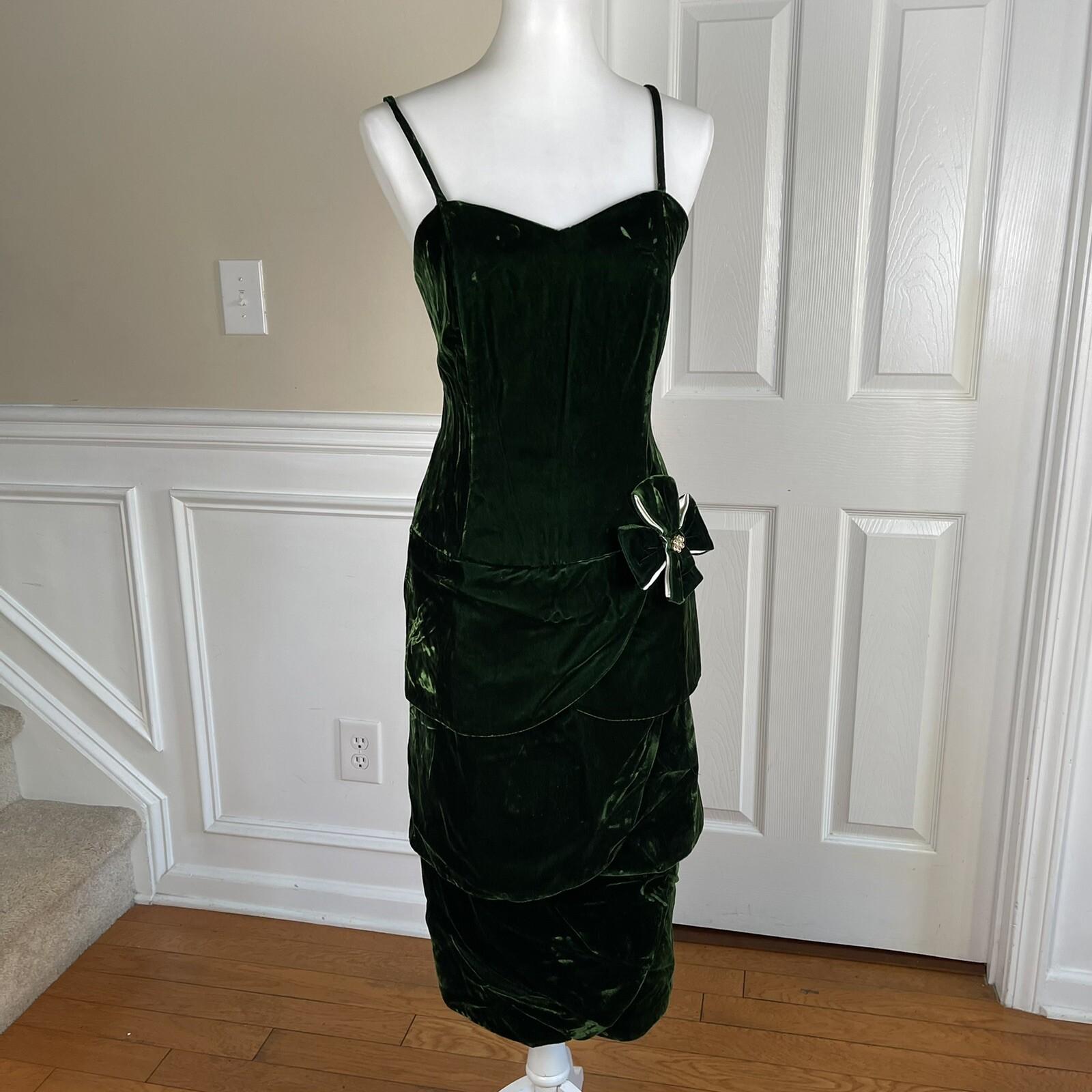 PANTAGIS Vintage Green Velour Strappy Tiered Whimsigoth  Stretch Dress Size 14W