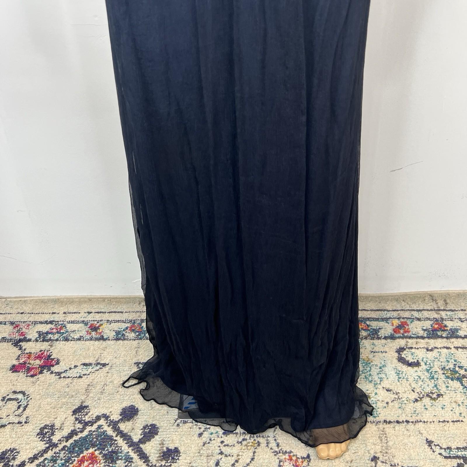 10-298.jpg Tadashi Shoji Silk Maxi Dress Gown Size 10 Sequin Pleated V Neck Navy Blue Flowy