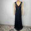10-299.jpg Tadashi Shoji Silk Maxi Dress Gown Size 10 Sequin Pleated V Neck Navy Blue Flowy