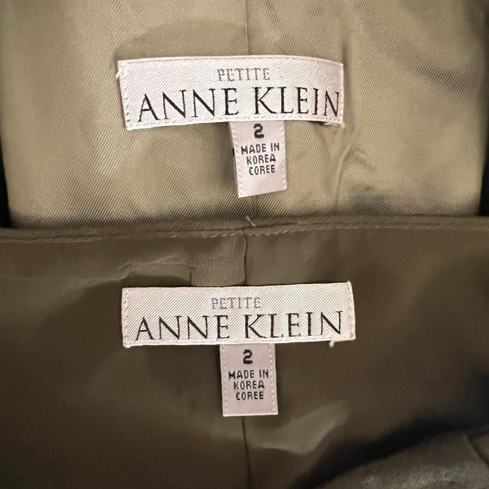 Anne Klein Wool Stretch Pant Suit Size 2 Green Lined Stand Up Collar Career 2PC