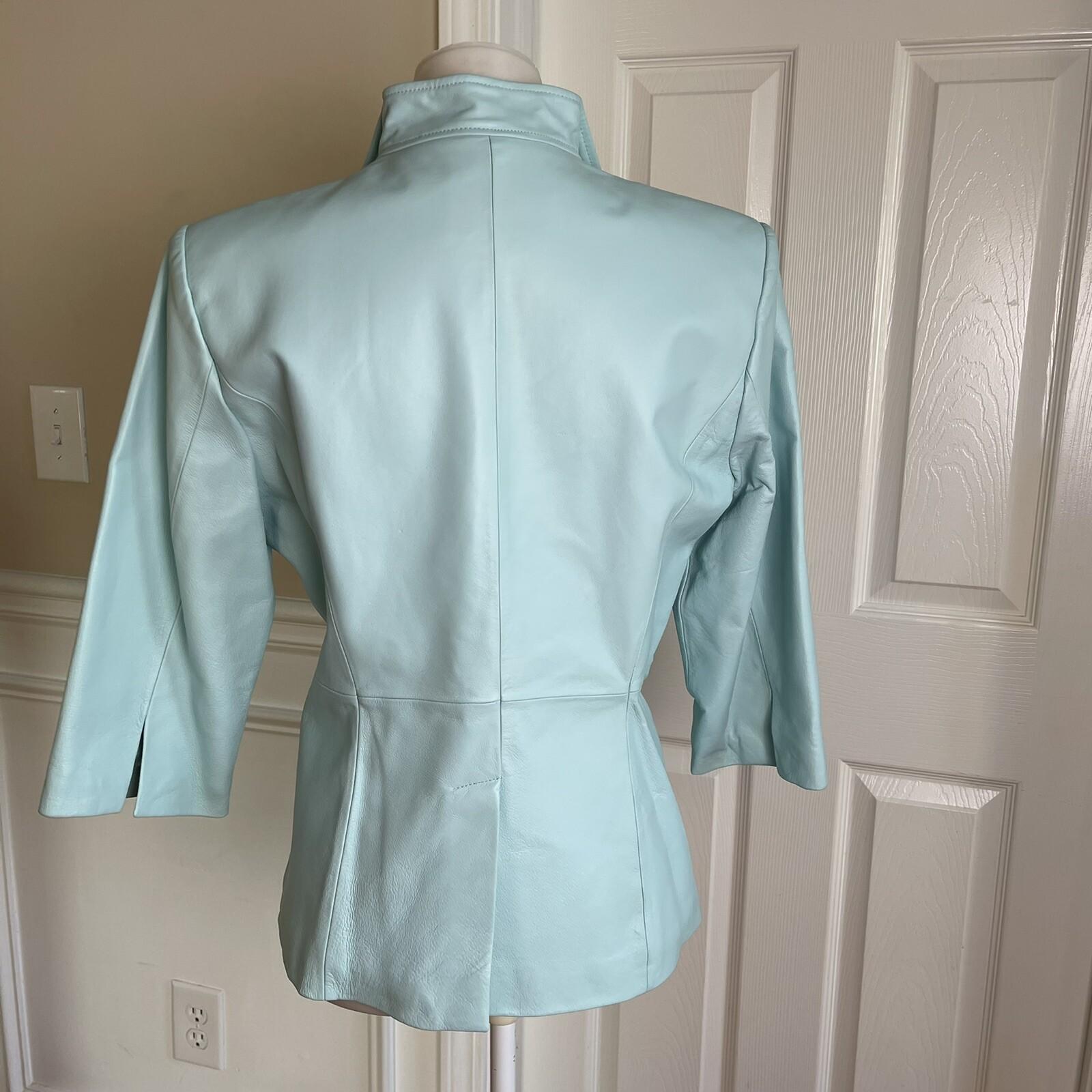 TERRY LEWIS Classic Luxuries Women 3/4 Sleeves Turquoise Leather Jacket Size S