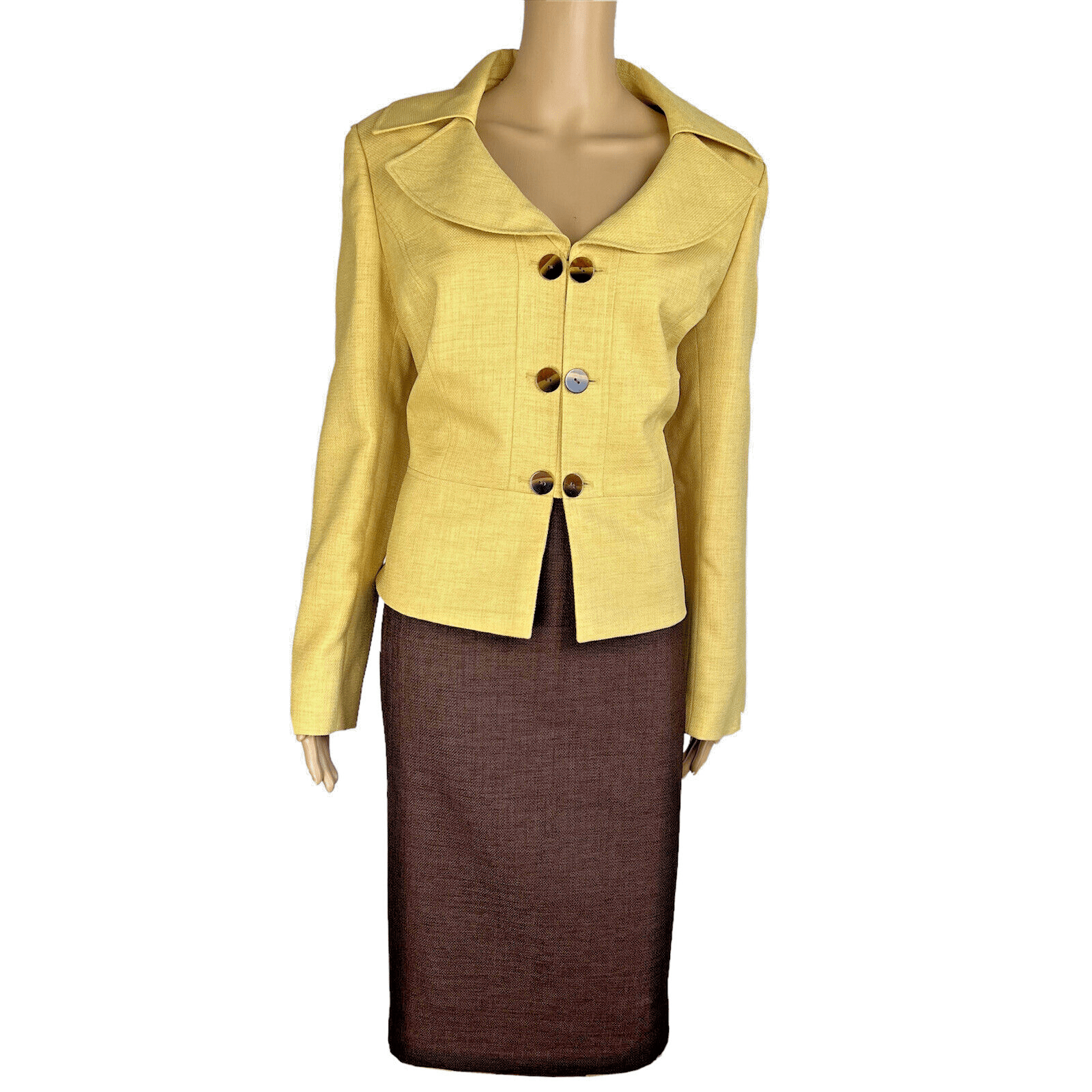 Le Suit Polyester Skirt Suit 14 Yellow Brown Double Breasted Wide Collar 2PC