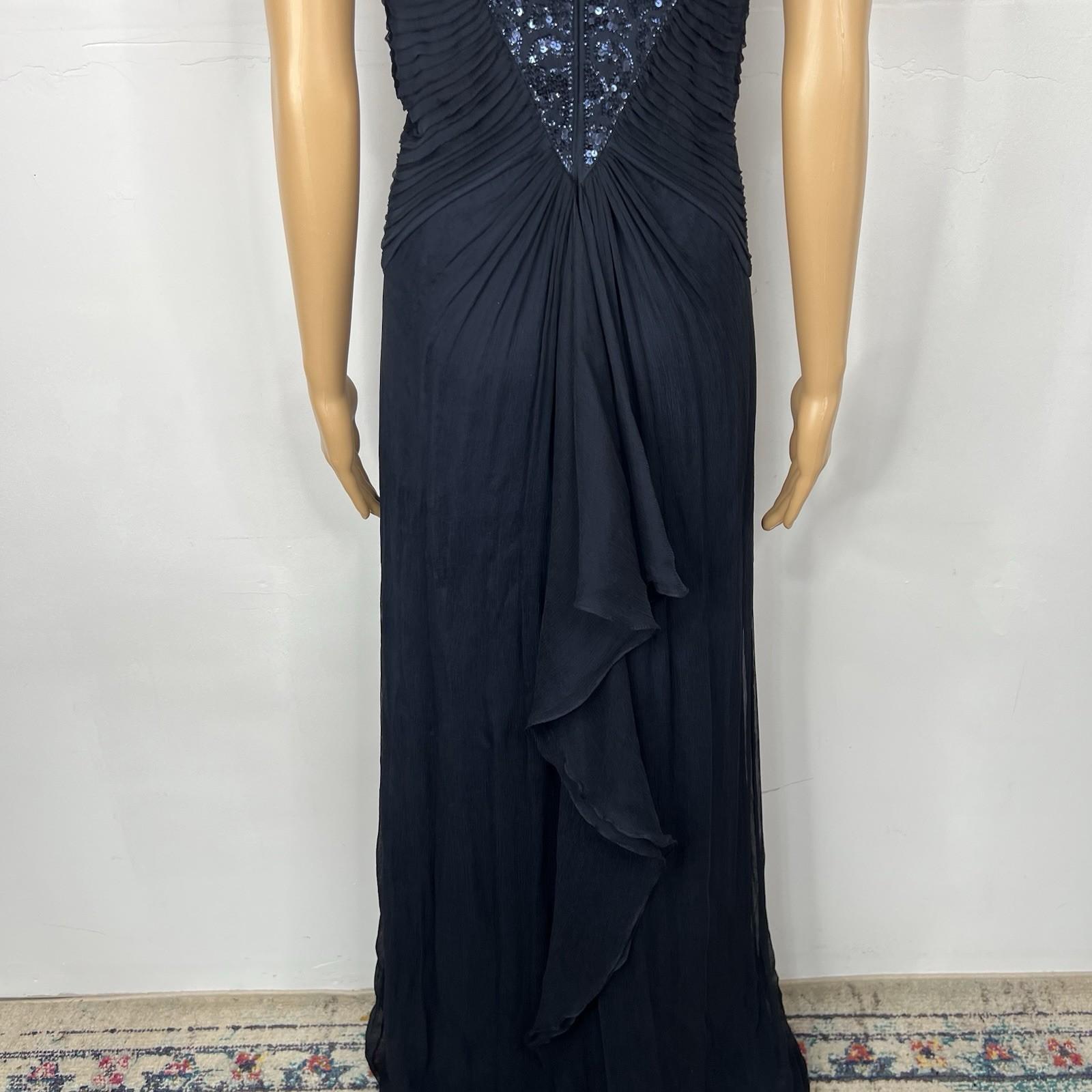 10-300.jpg Tadashi Shoji Silk Maxi Dress Gown Size 10 Sequin Pleated V Neck Navy Blue Flowy