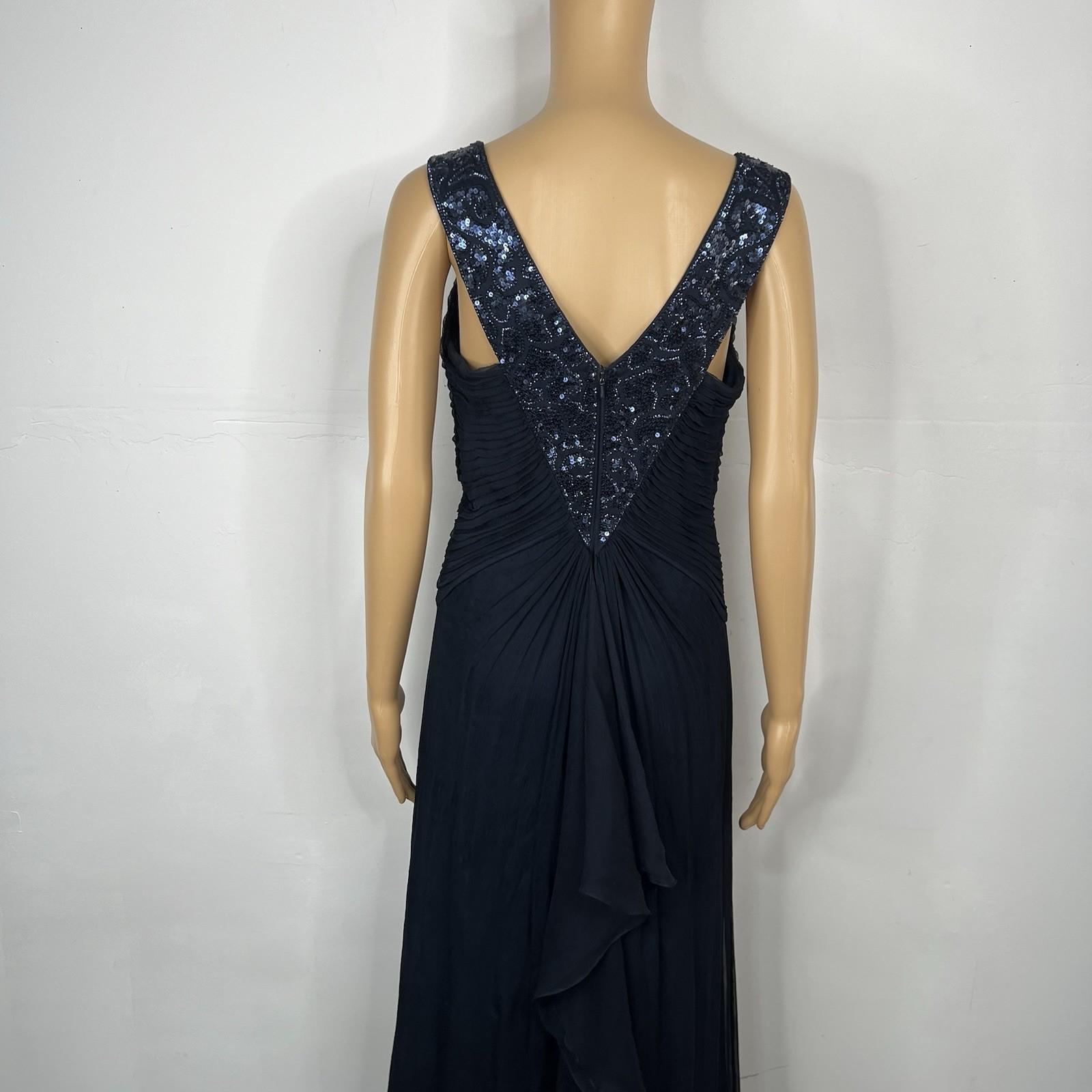 10-301.jpg Tadashi Shoji Silk Maxi Dress Gown Size 10 Sequin Pleated V Neck Navy Blue Flowy