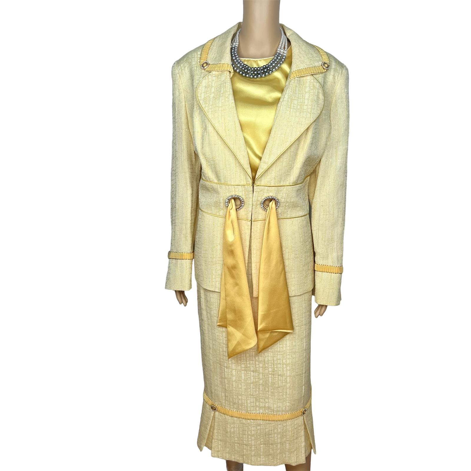 Ben Marc Int Polyester Rayon Skirt Suit Top 12 Yellow Gold Beaded Sequin 3PC