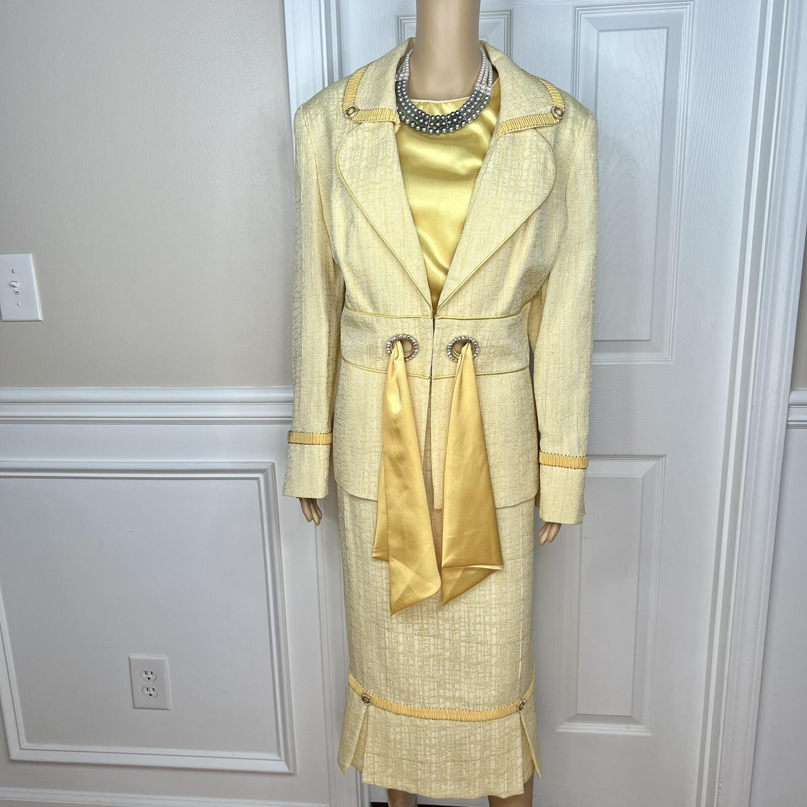 Ben Marc Int Polyester Rayon Skirt Suit Top 12 Yellow Gold Beaded Sequin 3PC
