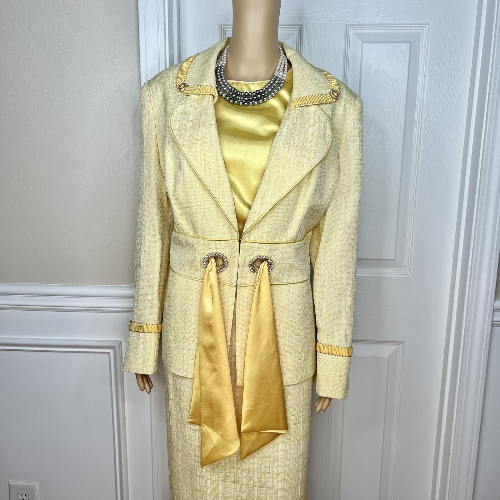 Ben Marc Int Polyester Rayon Skirt Suit Top 12 Yellow Gold Beaded Sequin 3PC