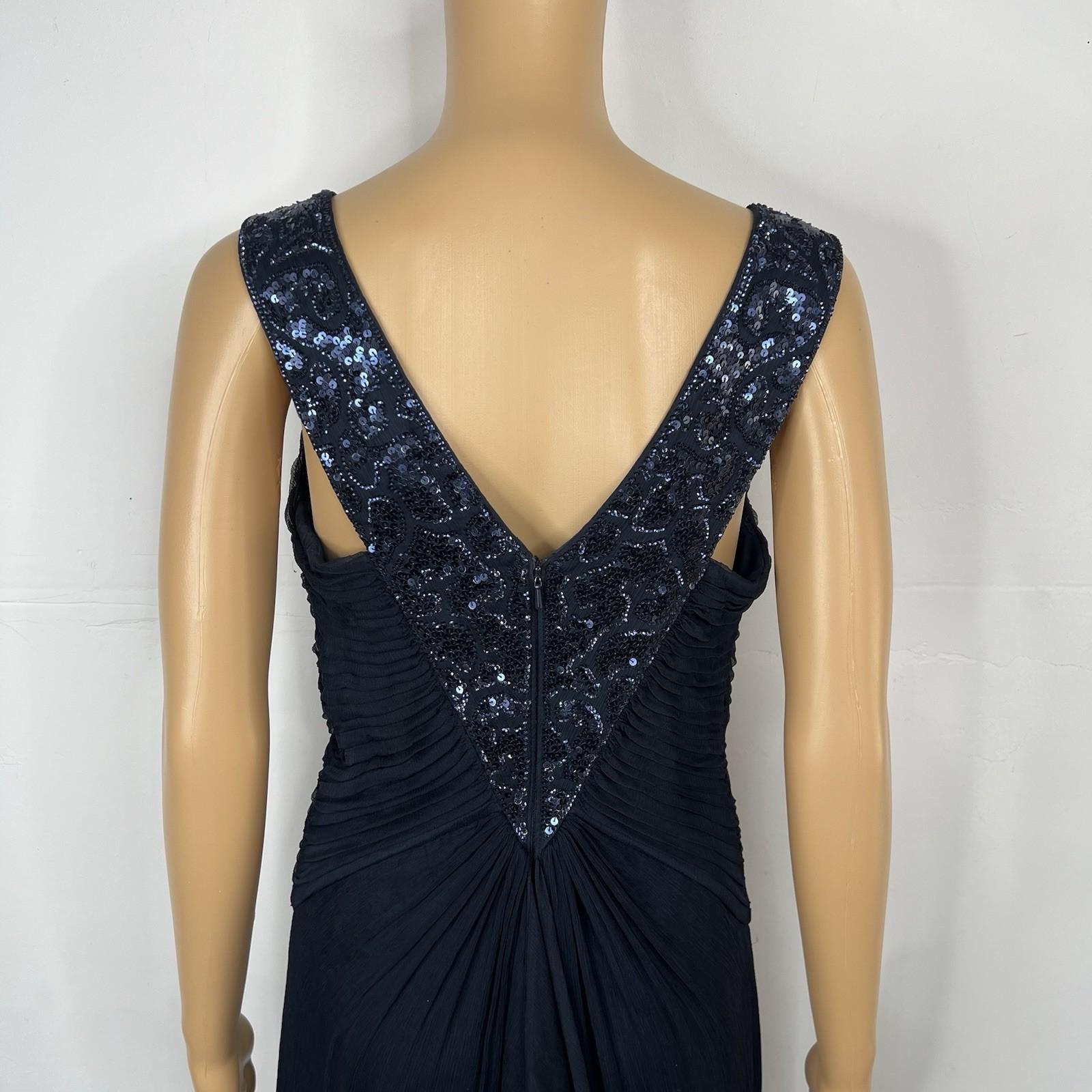 10-302.jpg Tadashi Shoji Silk Maxi Dress Gown Size 10 Sequin Pleated V Neck Navy Blue Flowy