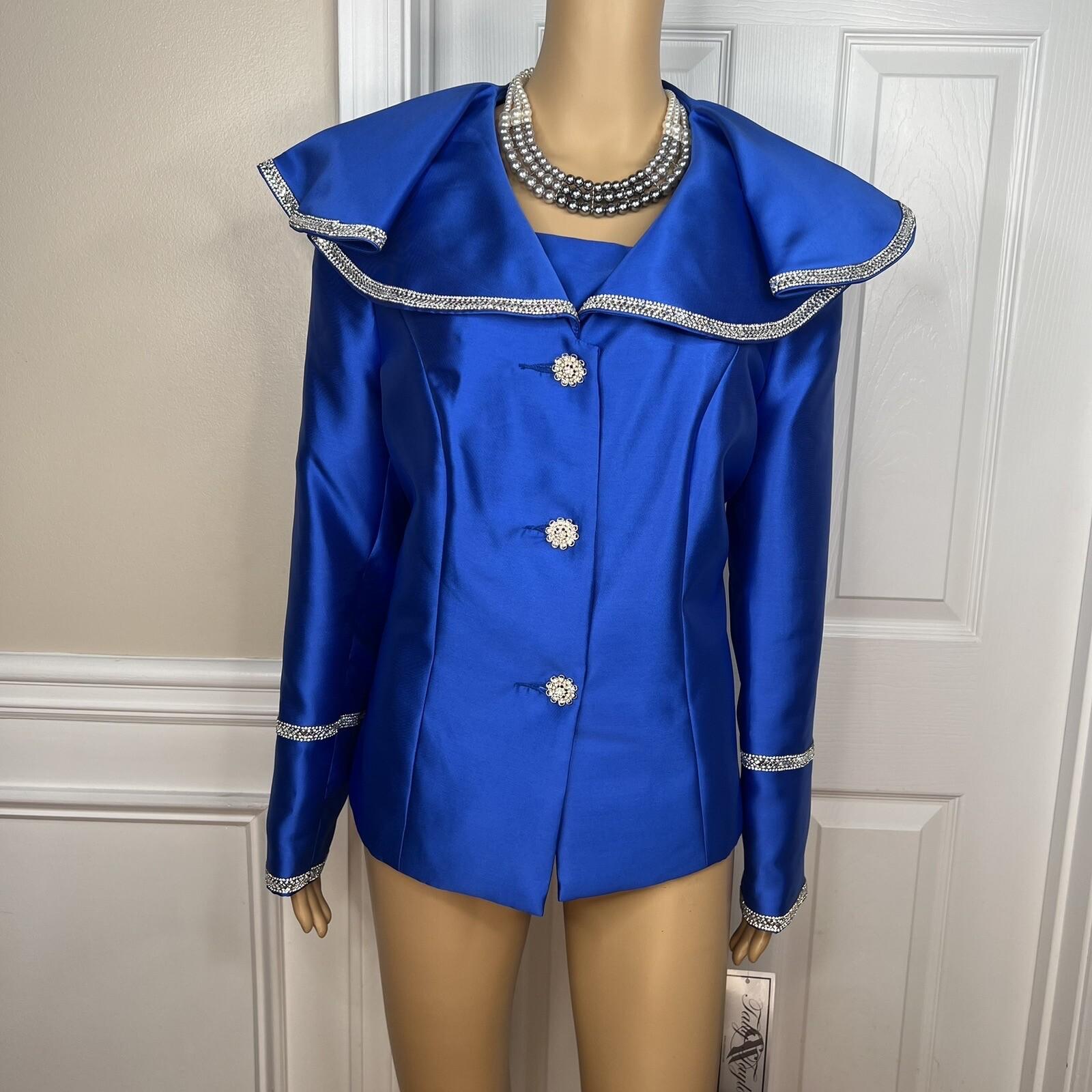 Tally Taylor Polyester Blazer Size 16 Royal Blue Beaded Shawl Ruffle Collar New