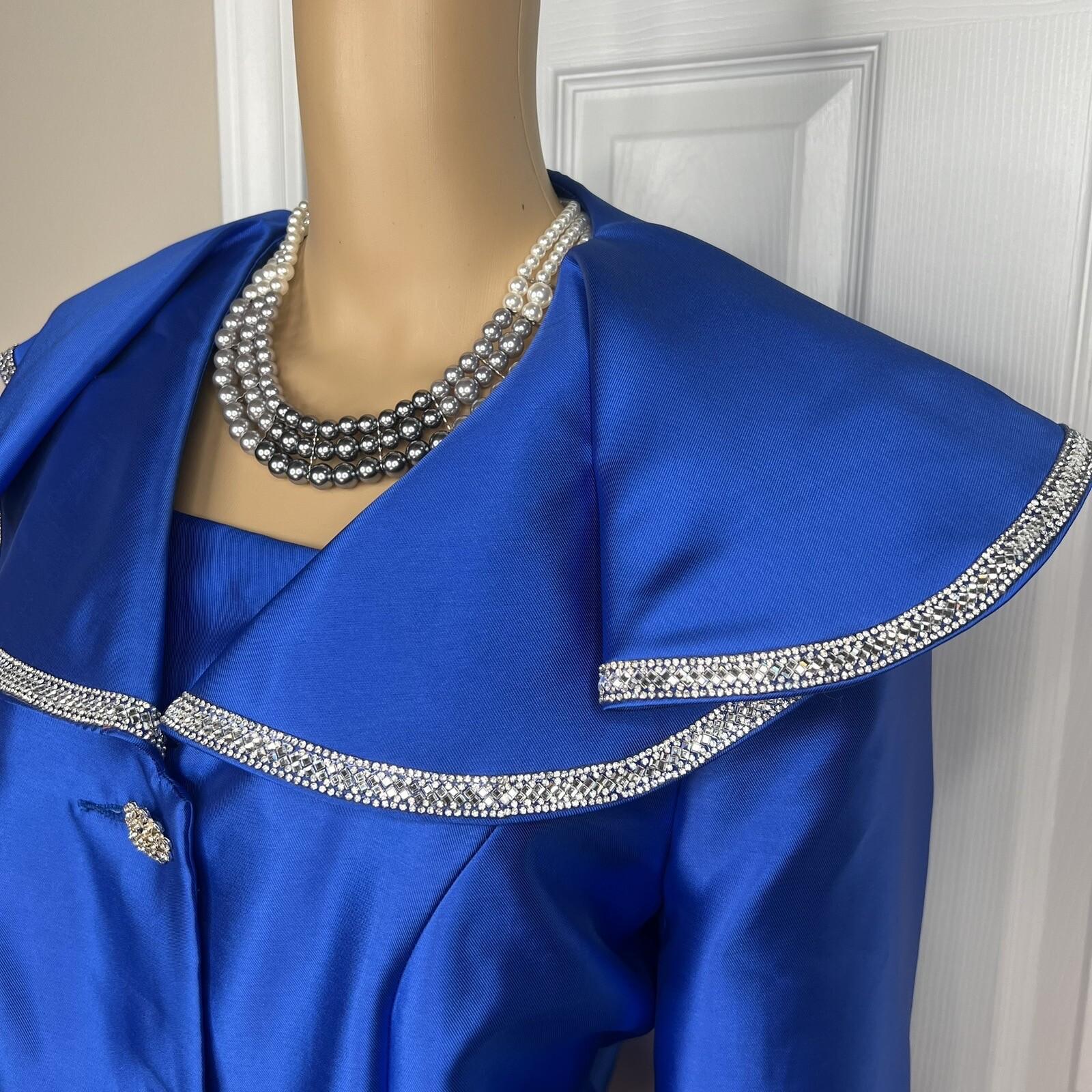 Tally Taylor Polyester Blazer Size 16 Royal Blue Beaded Shawl Ruffle Collar New