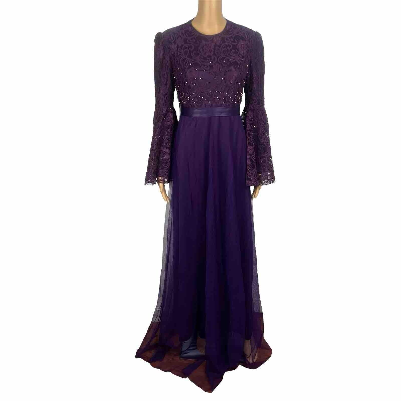 10-305.jpg Ayse Melek Tasarim Chiffon Lace Gown 44 Beaded Purple Bell Sleeve Empire Waist