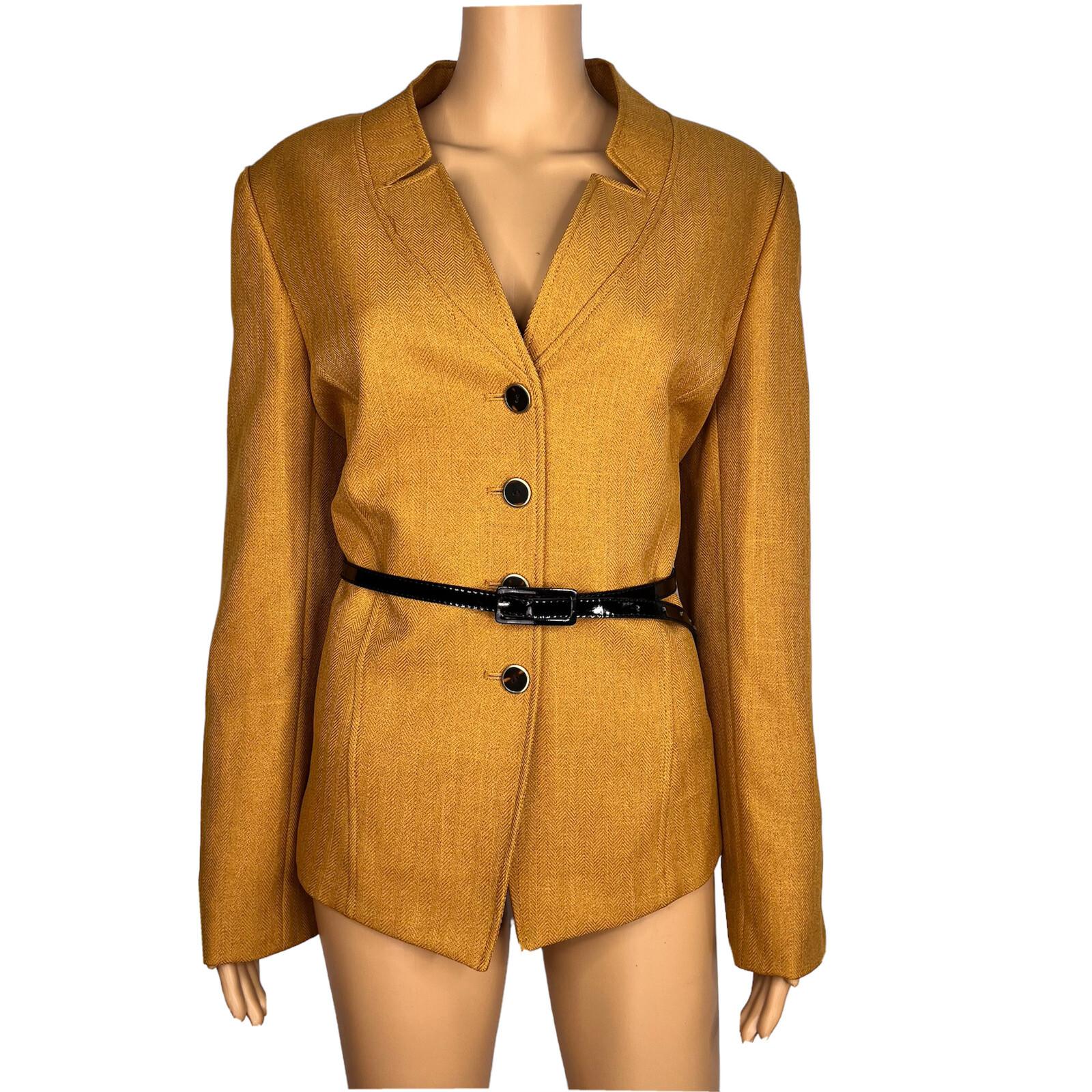 Tahari ASL Polyester Blazer Size 14 Honey Women Belted Lined Stand Up Collar