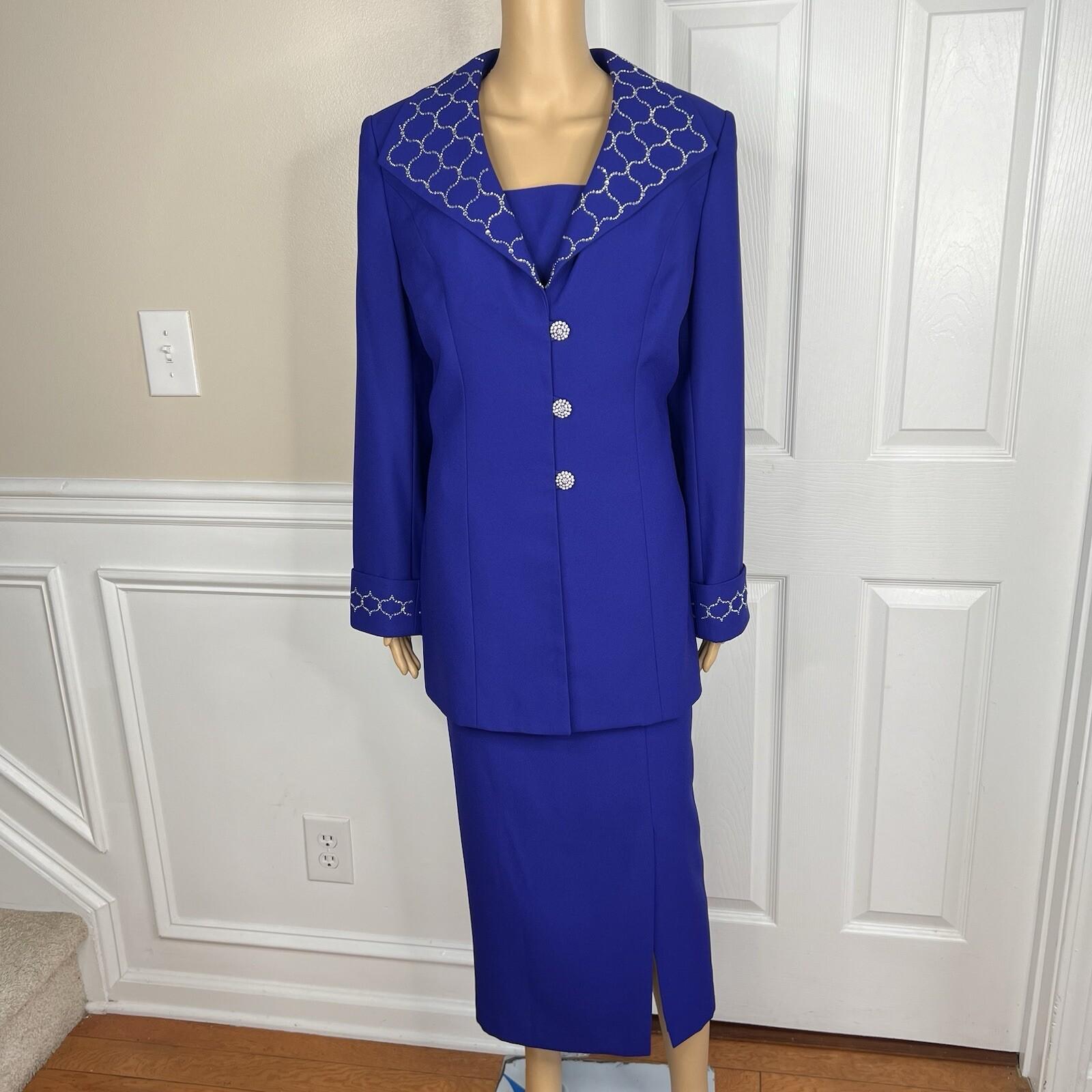 Clara Clara Polyester Skirt Suit Size 10 Purplish Blue Beaded Shawl Collar 2PC