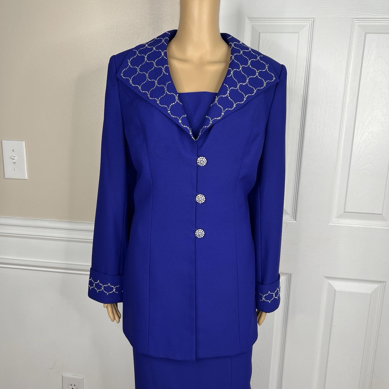 Clara Clara Polyester Skirt Suit Size 10 Purplish Blue Beaded Shawl Collar 2PC