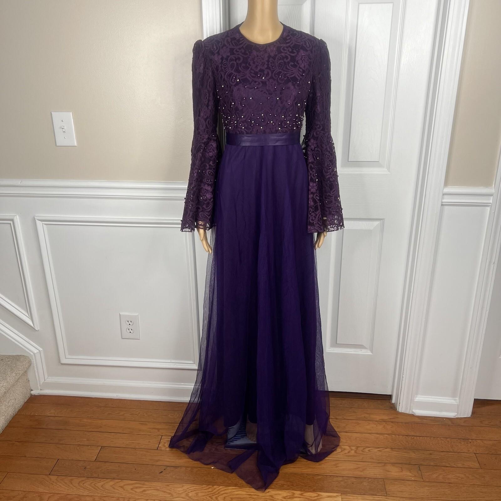 10-306.jpg Ayse Melek Tasarim Chiffon Lace Gown 44 Beaded Purple Bell Sleeve Empire Waist