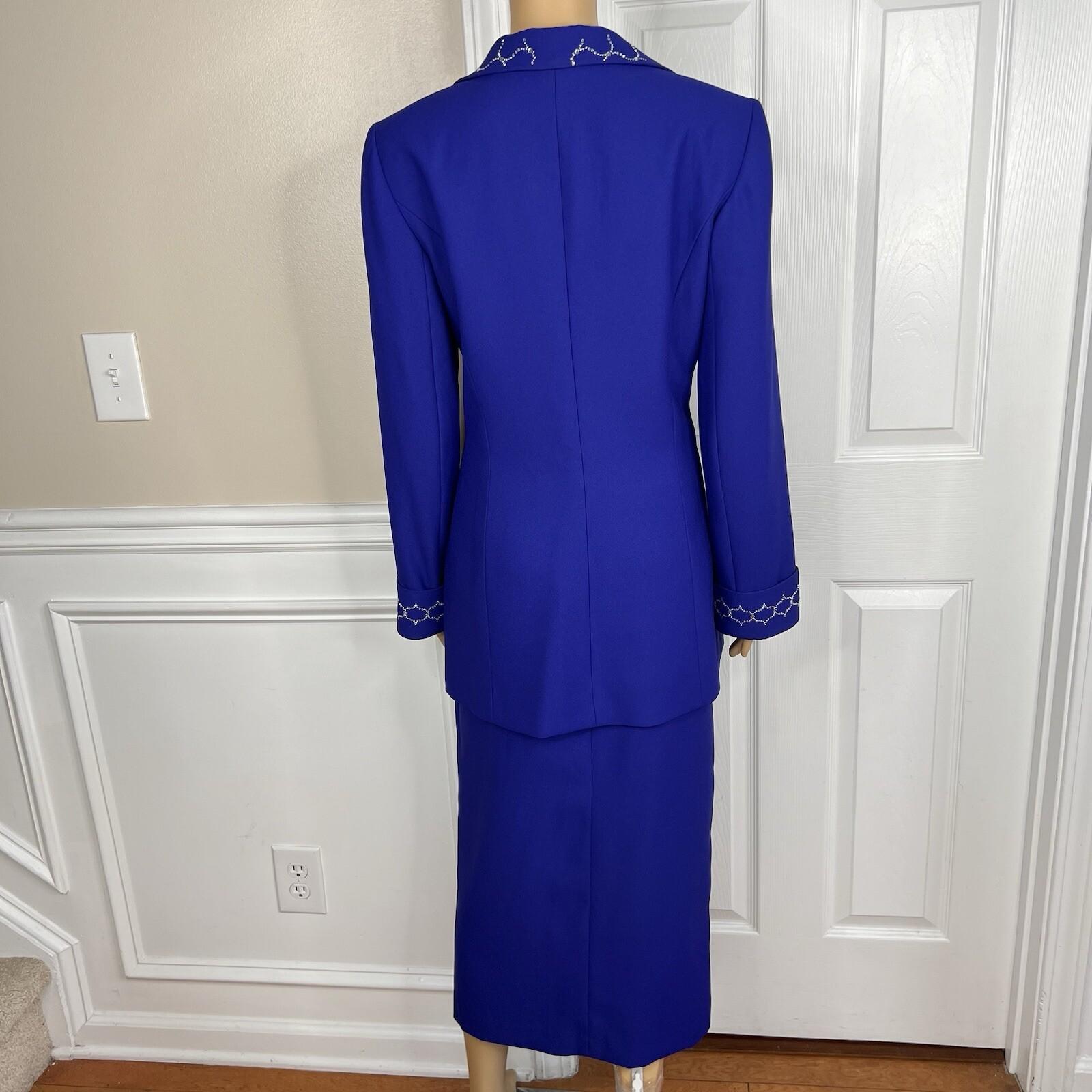 Clara Clara Polyester Skirt Suit Size 10 Purplish Blue Beaded Shawl Collar 2PC
