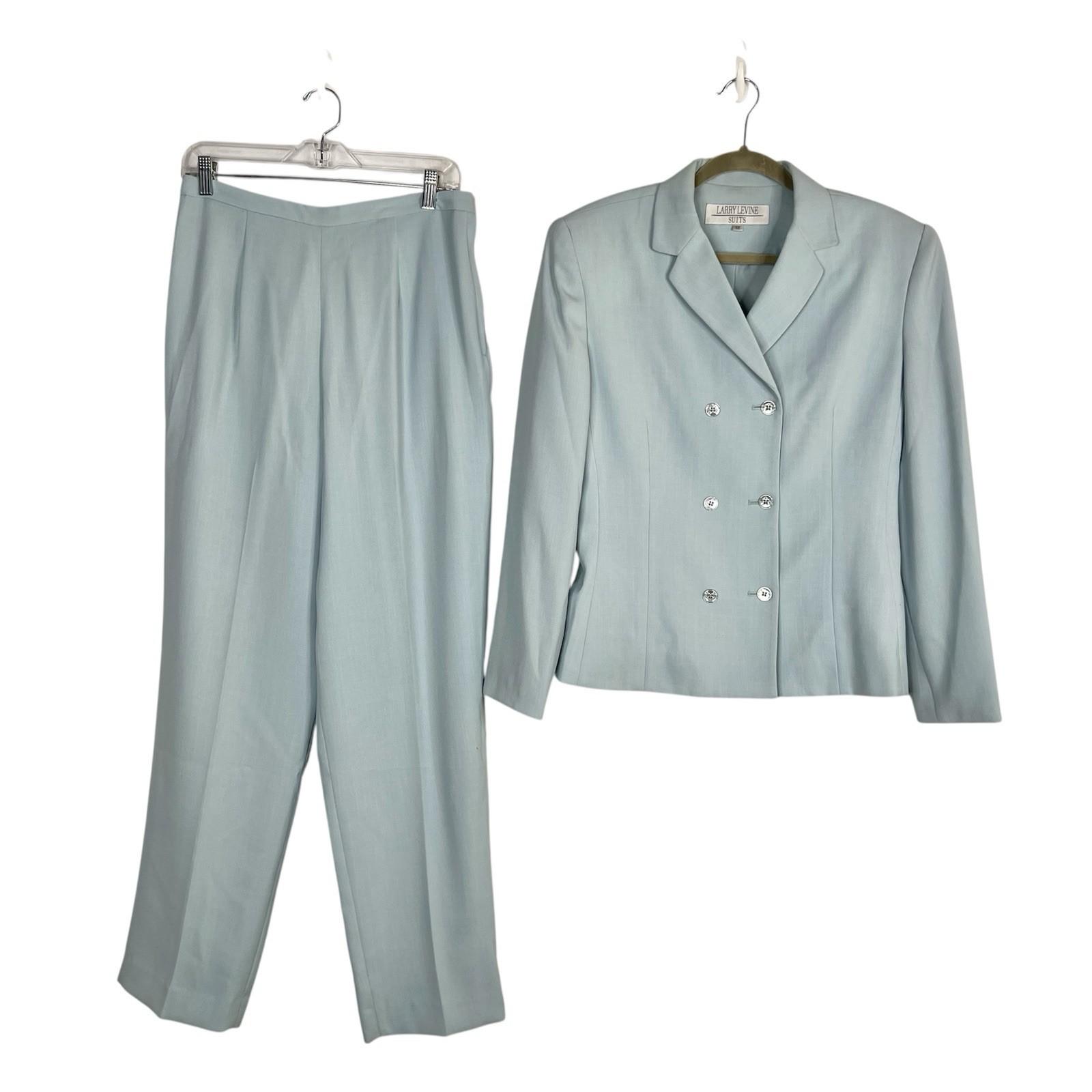 LARRY LEVINE Vtg Double Breasted Pant Suit Size 12 Powder Blue Business Career