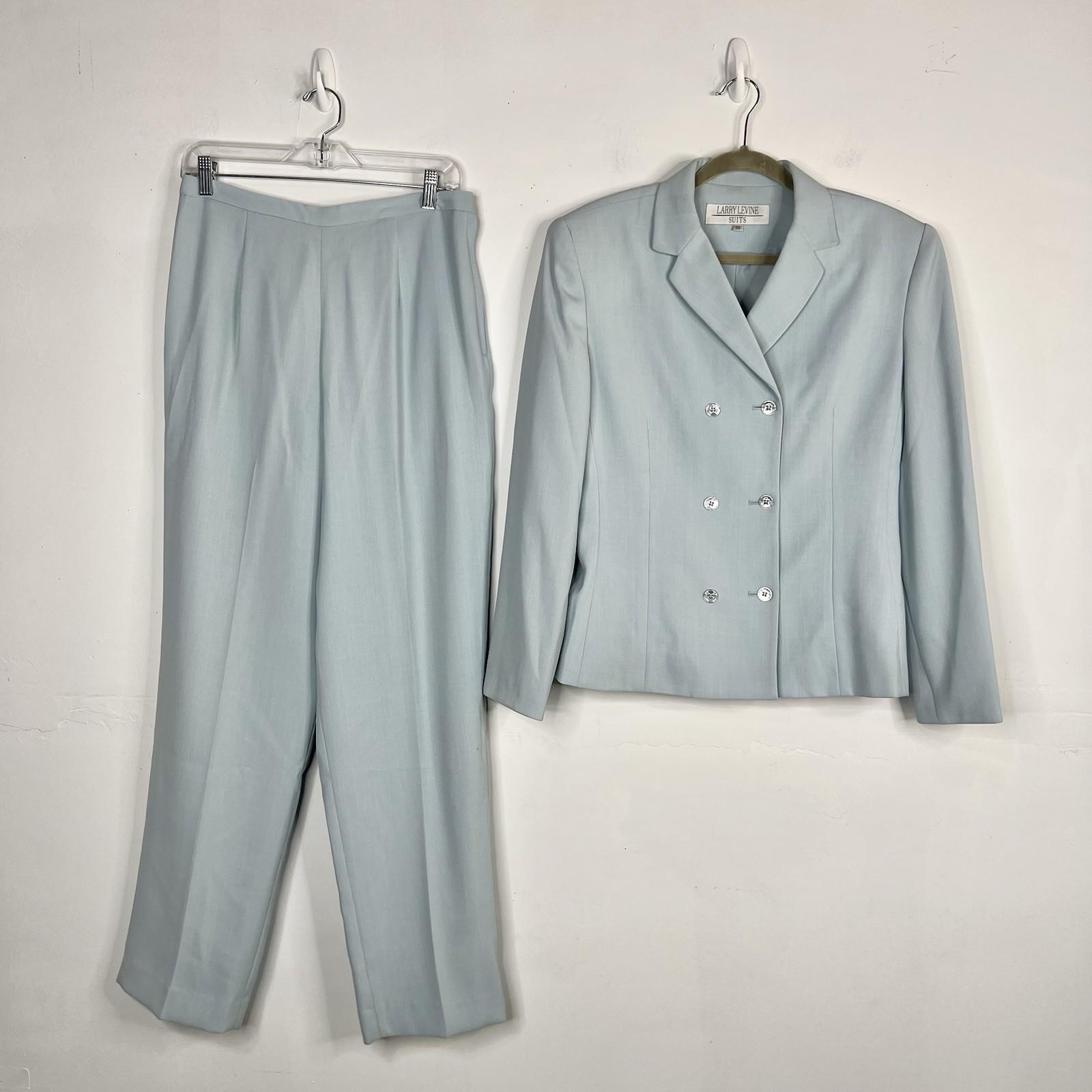 LARRY LEVINE Vtg Double Breasted Pant Suit Size 12 Powder Blue Business Career