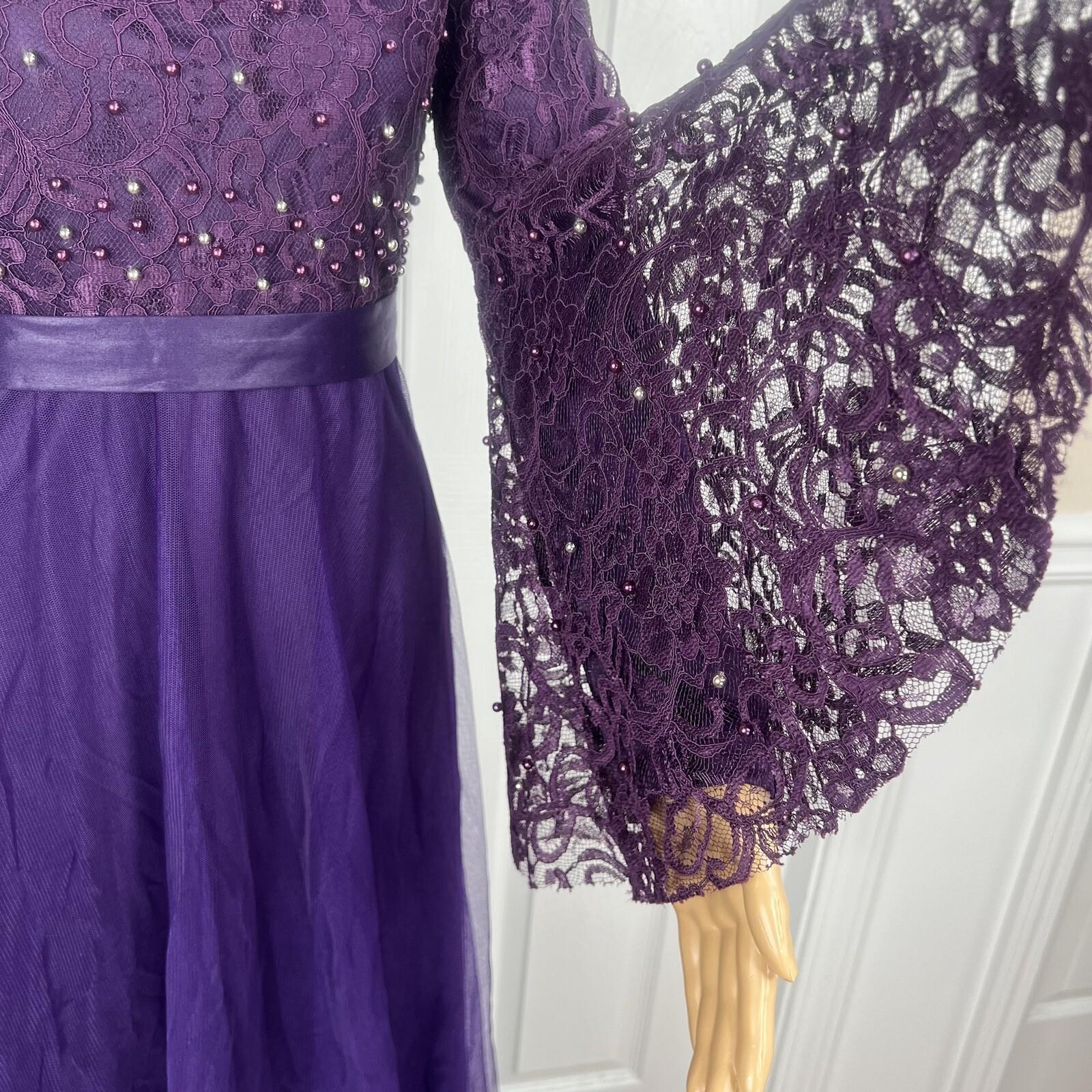 10-309.jpg Ayse Melek Tasarim Chiffon Lace Gown 44 Beaded Purple Bell Sleeve Empire Waist