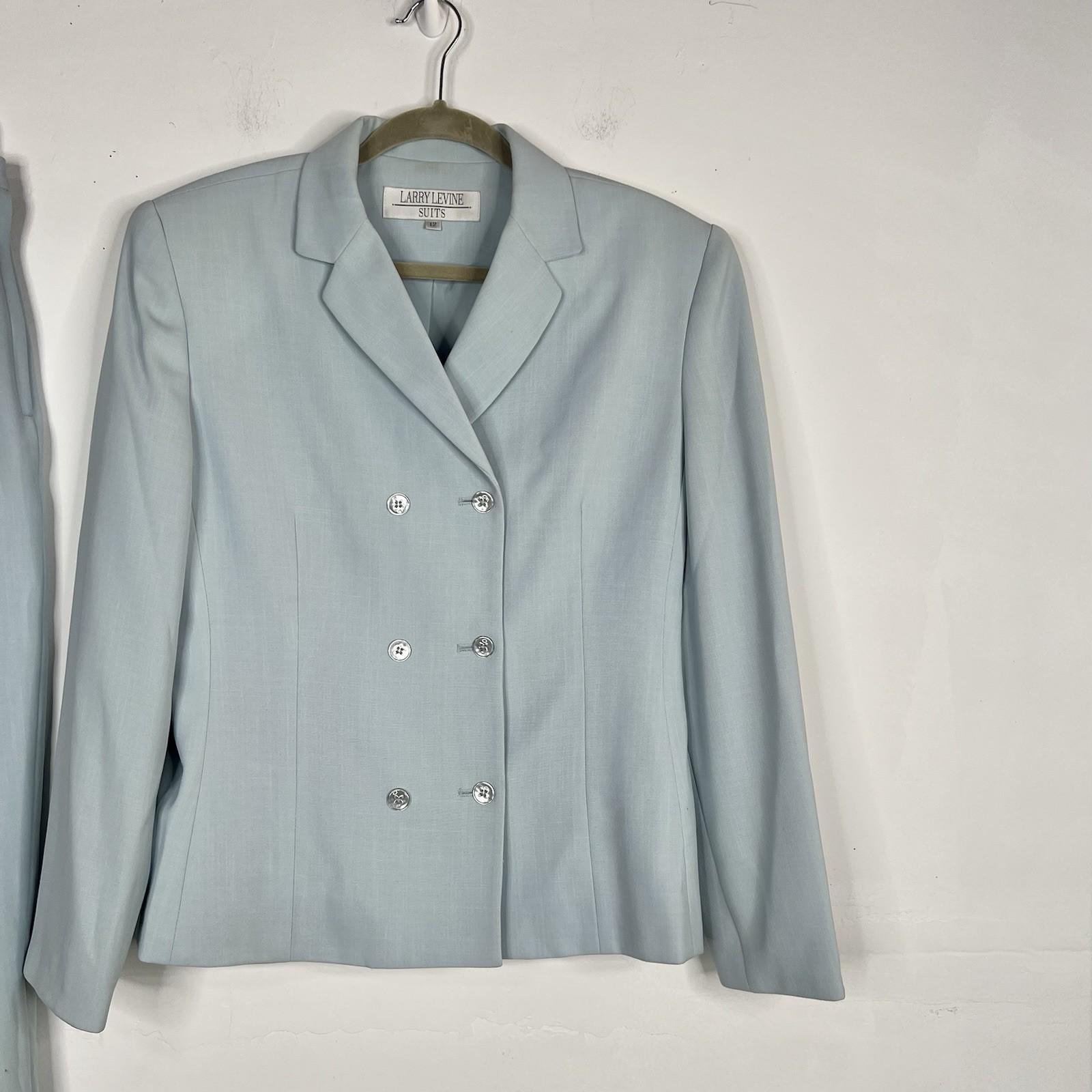 LARRY LEVINE Vtg Double Breasted Pant Suit Size 12 Powder Blue Business Career