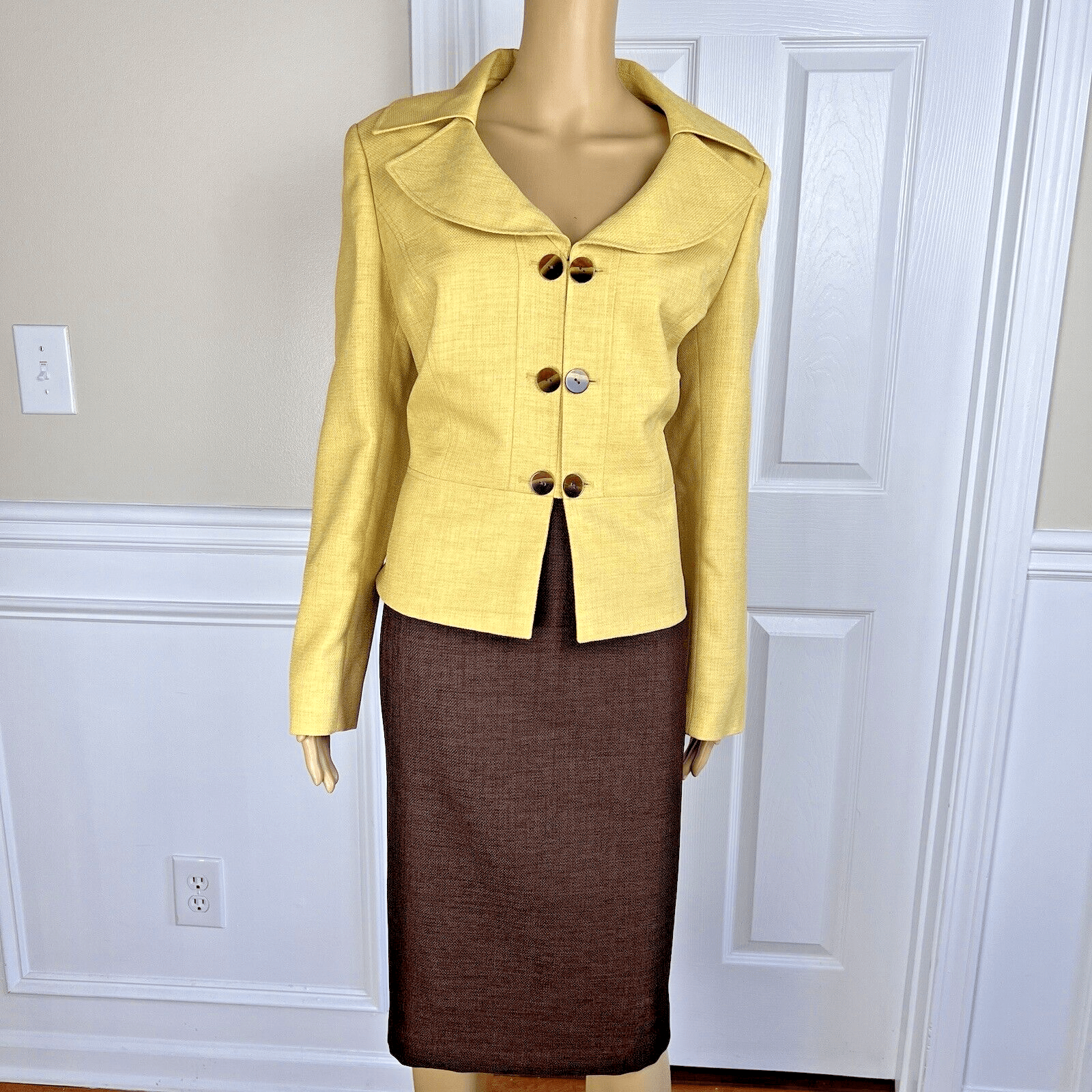 Le Suit Polyester Skirt Suit 14 Yellow Brown Double Breasted Wide Collar 2PC