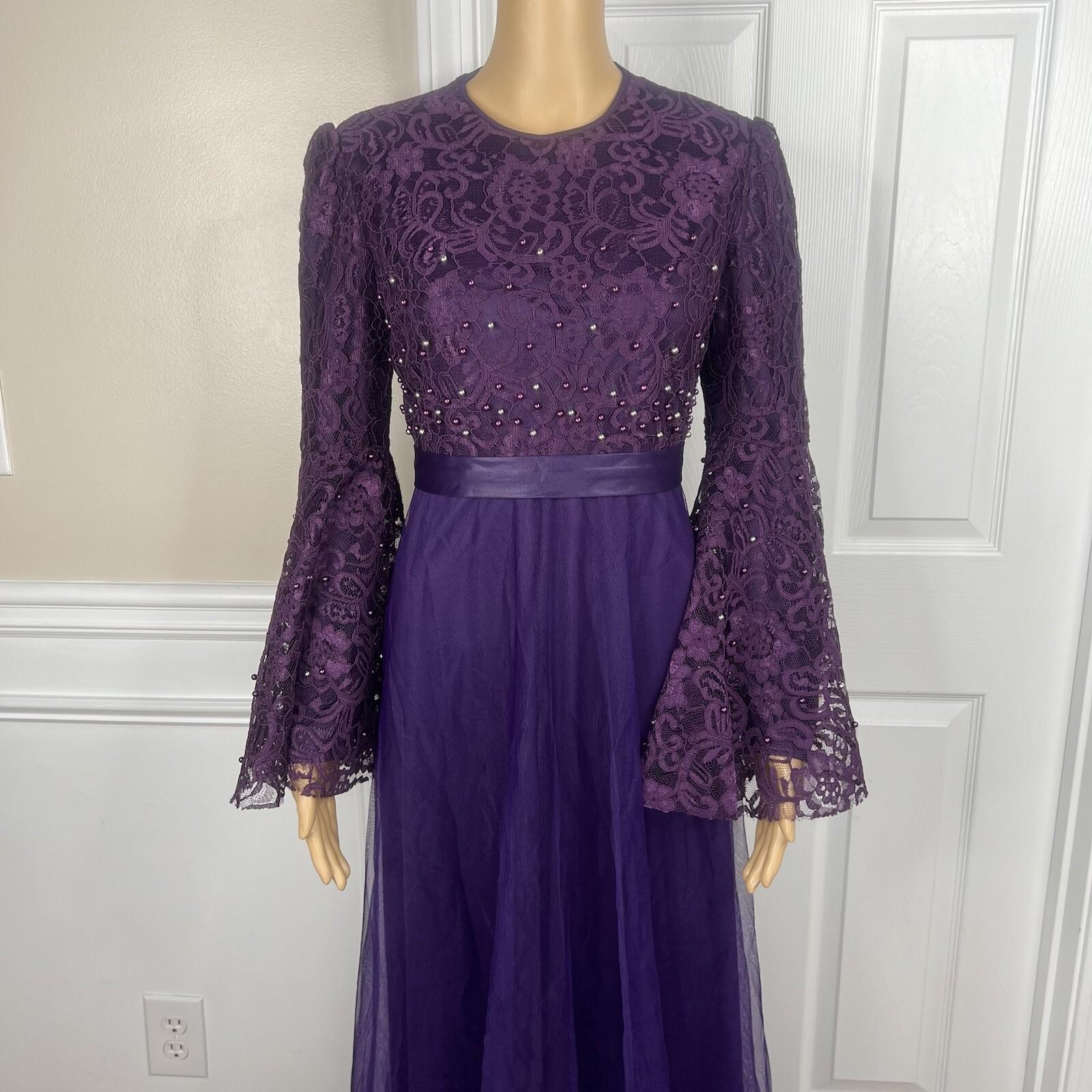 10-310.jpg Ayse Melek Tasarim Chiffon Lace Gown 44 Beaded Purple Bell Sleeve Empire Waist