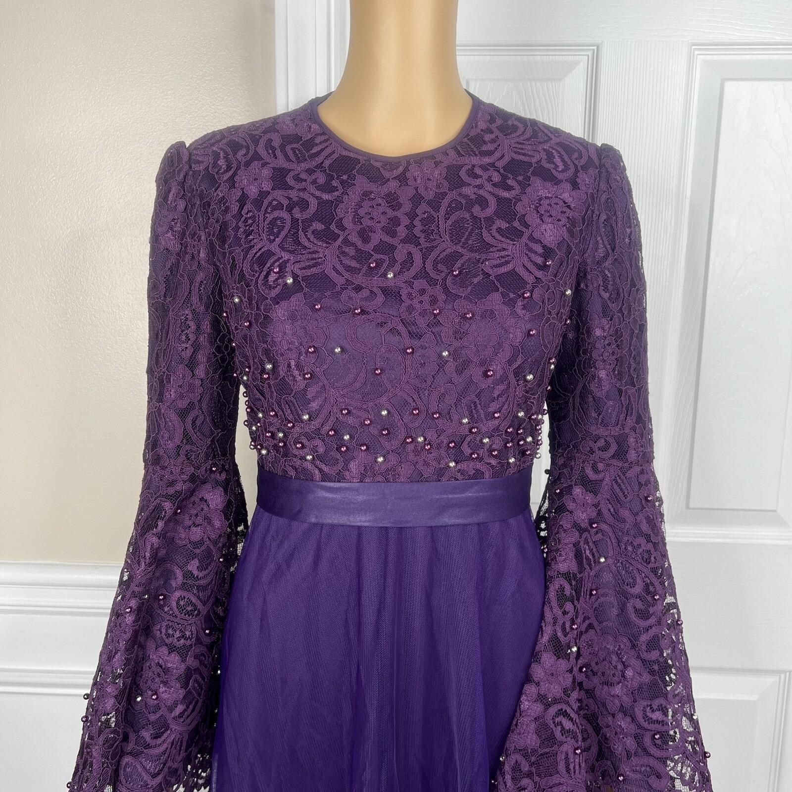 10-311.jpg Ayse Melek Tasarim Chiffon Lace Gown 44 Beaded Purple Bell Sleeve Empire Waist