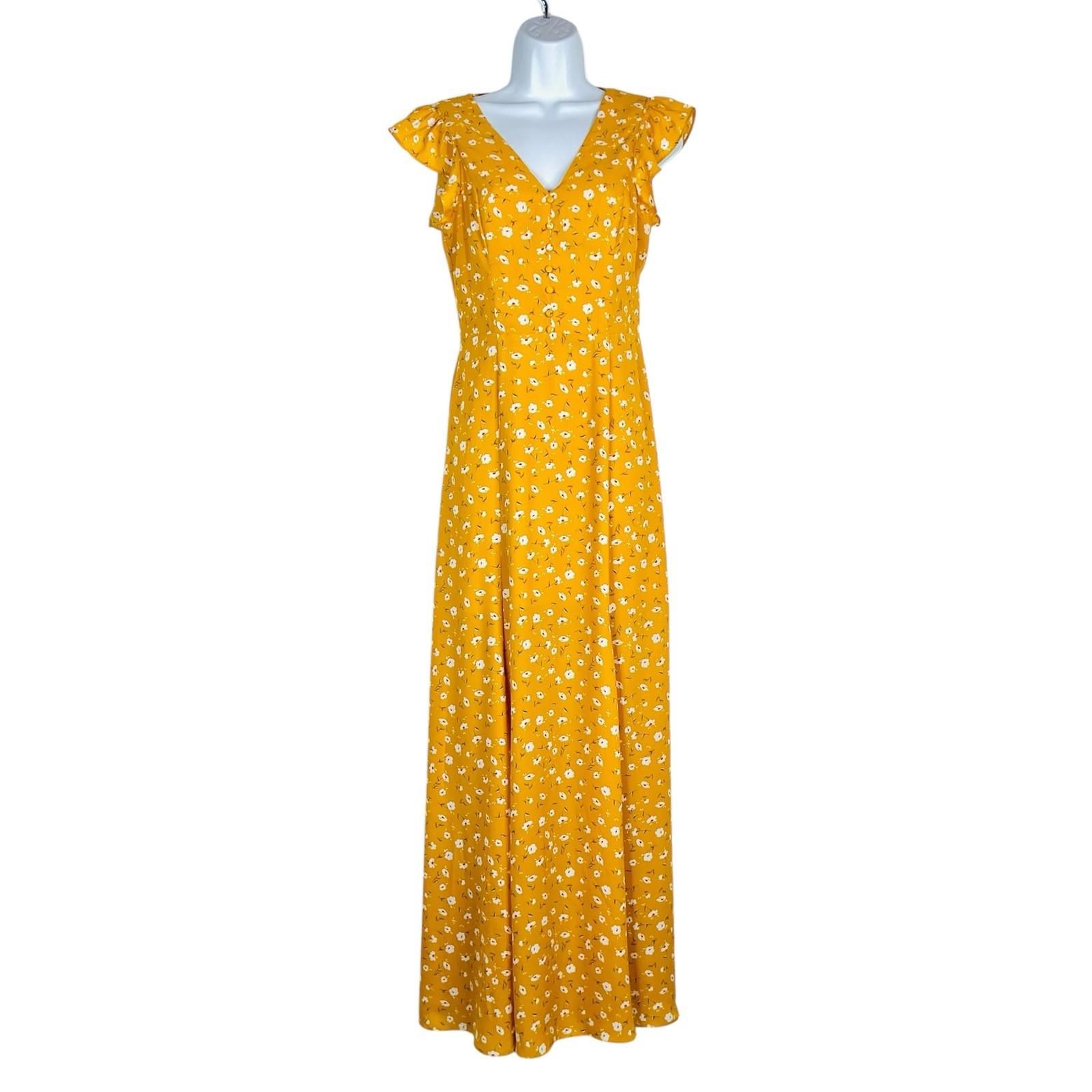 Lulus Polyester Maxi Floral Dress Size M Open Back Gold Flutter Sleeves Flowy
